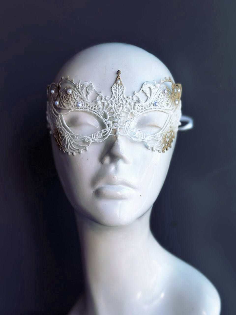 Elegant Ana Lace Face Mask with White Pearl & Gold Accents - Perfect for Weddings, Parties, and Special Occasions