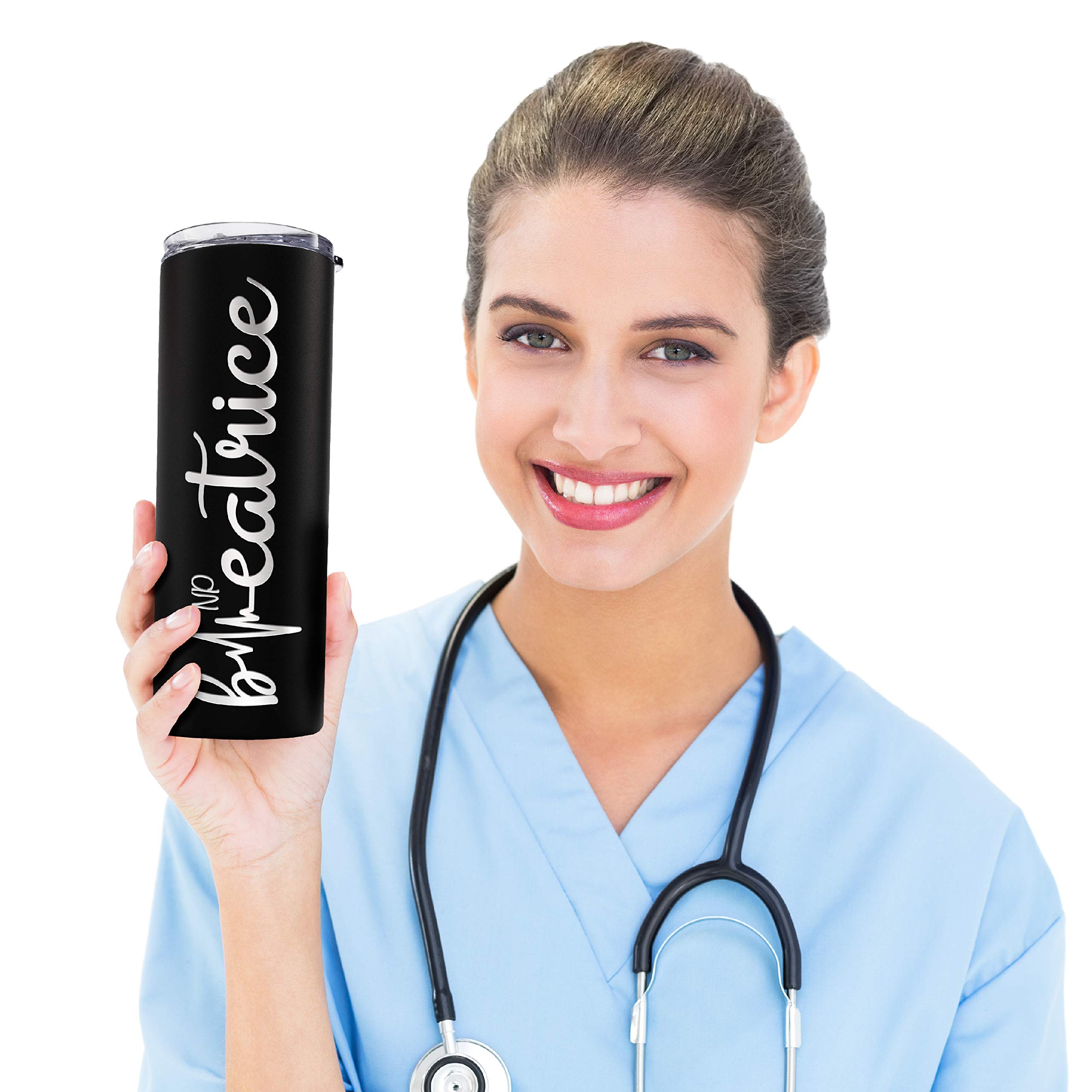 Personalized Nurse Tumbler with Name & Specialty - 20oz Skinny Purple Insulated Cup for Nurses | 8 Unique Designs w/Cleaning Brush | Perfect Nurse Gift for Graduation, Nurse Day, Birthday & Appreciation | Great for Hospitals, Clinics & Night Shifts