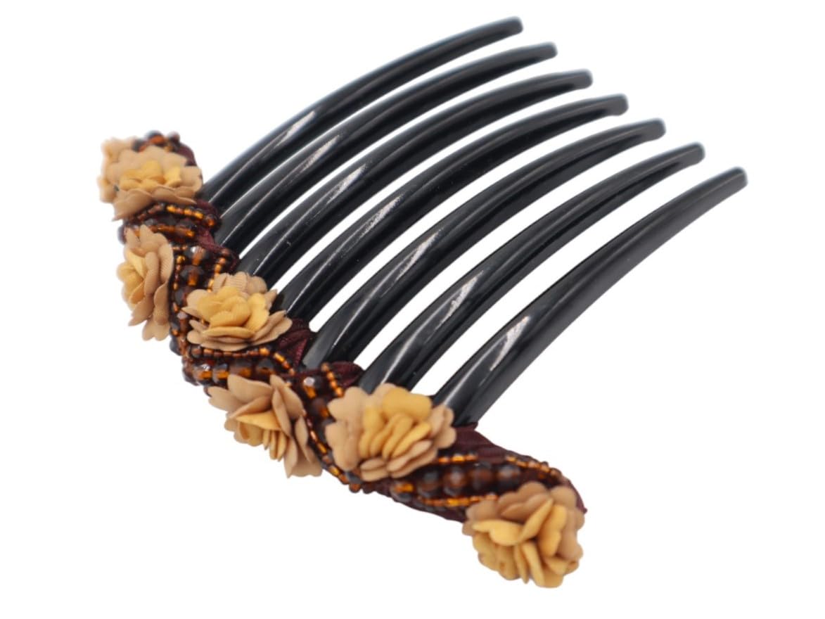 Handmade Fabric Daisy Flower Side Comb Hair Accessories for French Twist & Wedding Hairstyles - Decorative Brown Hair Comb for Bridal, Prom & Special Occasions