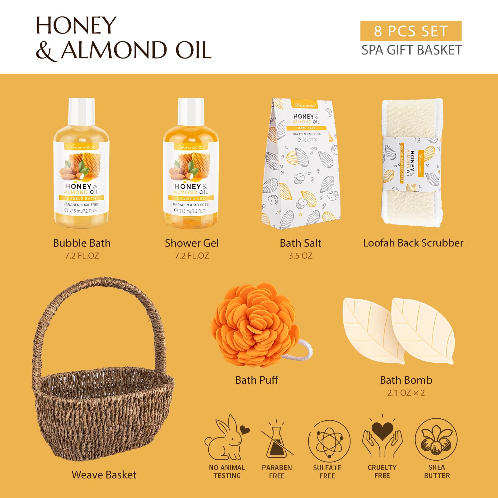Luxury Bath & Body Gift Set for Women & Men - 8pc Spa Basket with Shower Gel, Bubble Bath, Bath Salt & Sponge - Perfect for Mother's Day, Birthday, Wedding & Anniversary Gifts - Relaxing Home Spa Experience