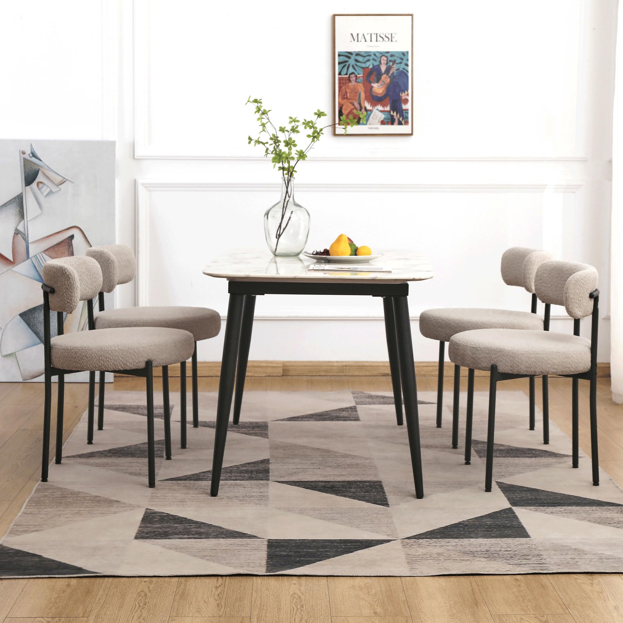 EDWELL Boucle Dining Chairs Set of 4 - Modern Upholstered Kitchen Chairs with Thick Cushions & Black Metal Legs - Grey Round Accent Chairs for Dining Room, Kitchen, Living Room - Perfect for Home Decor & Entertaining Guests