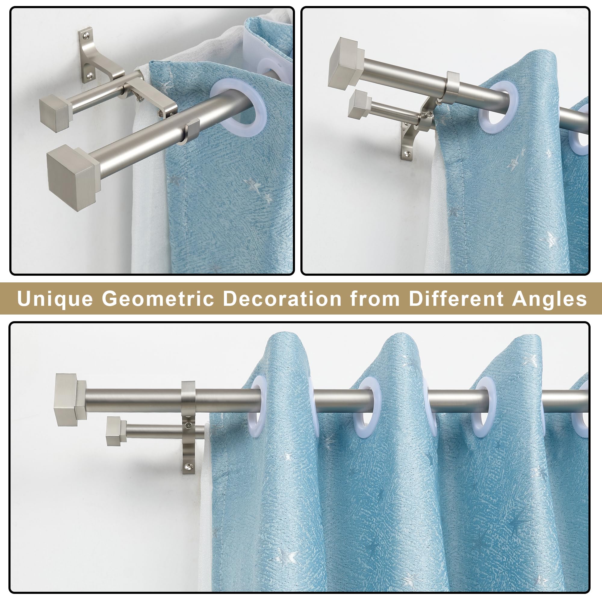 1 Inch Modern Double Window Curtain Rods - 36-72 Inch Adjustable Telescoping Heavy Duty Drapery Rods with Stylish Square Allufer Finials - Dual Curtain Rod Set for Living Room, Bedroom & Home Decor - Brushed Nickel Finish