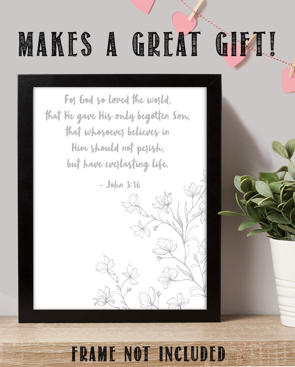 TJ Originals - John 3:16 Bible Verse Wall Art Decor - 11x14 Christian Scripture Print - Inspirational Religious Home Decor Gift for Family, Friends & Women - Perfect for Living Room, Bedroom & Church Decor (Flower Line Art Design)