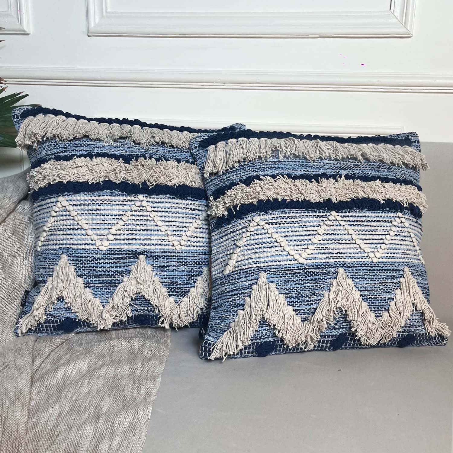 Chardin Home Montego - Handwoven Cotton Decorative Throw Pillow Covers Set of 2 (18x18 Inch) - Soft Square Blue & Off-White Couch & Sofa Pillow Cases for Living Room, Bedroom & Home Decor