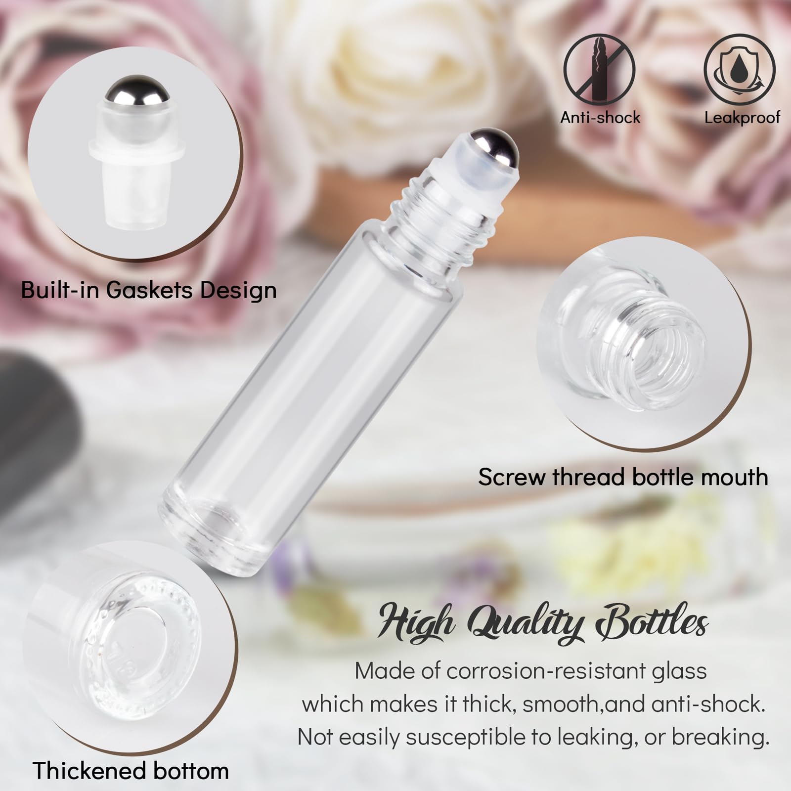 10ml Essential Oil Roller Bottles 6-Pack - Clear Thick Glass Bottles with Stainless Steel Roller Balls & 2 Droppers - Perfect for Aromatherapy, DIY Blends & Travel