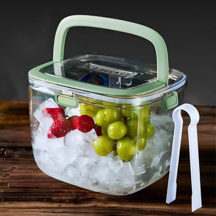 5L Clear Portable Ice Cube Storage Bin with Lid & Tong - Freezer Ice Bucket for Whiskey, Wine & Cocktail Parties - Durable Plastic Refrigerator Ice Cube Trays Organizer for Camping, BBQs & Outdoor Events