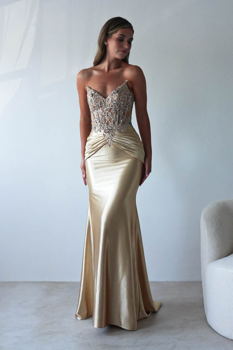 Raquel Embellished Bodycon Gown - Elegant Gold Sequin Evening Dress for Prom, Party & Special Occasions