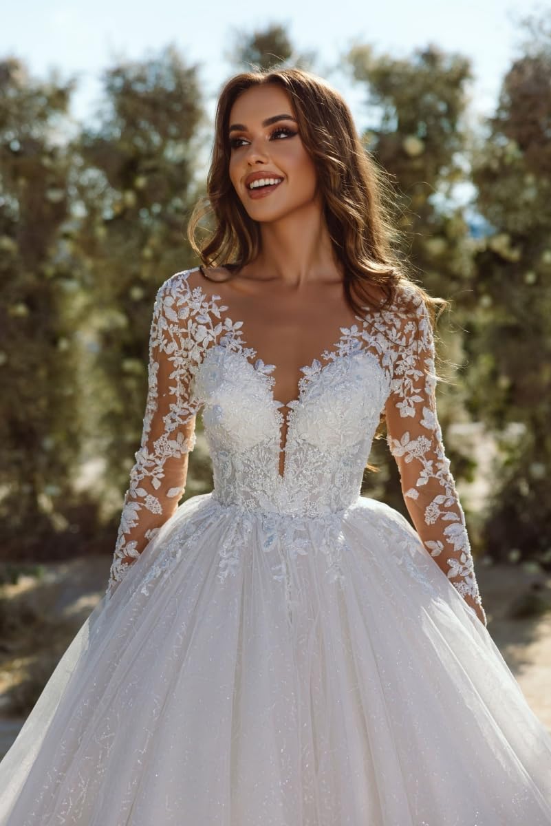 2024 Elegant Princess Long Sleeve Wedding Dress - Tulle Lace Ball Gown Bridal Gown for Women | Perfect for Church Ceremony, Royal Wedding & Formal Bridal Events