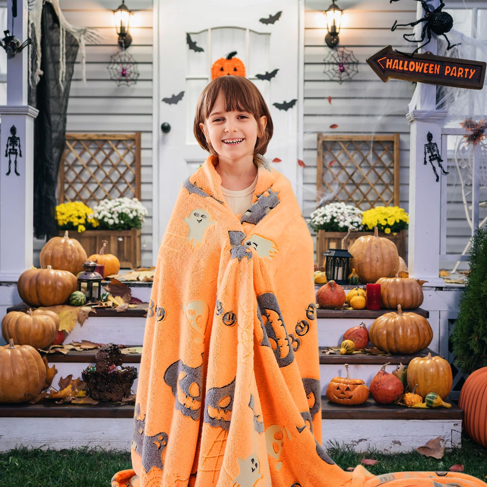 Glow in The Dark Halloween Blanket - Spooky Spider Web & Pumpkin Ghost Design, Soft Plush Throw Blanket for Kids (50