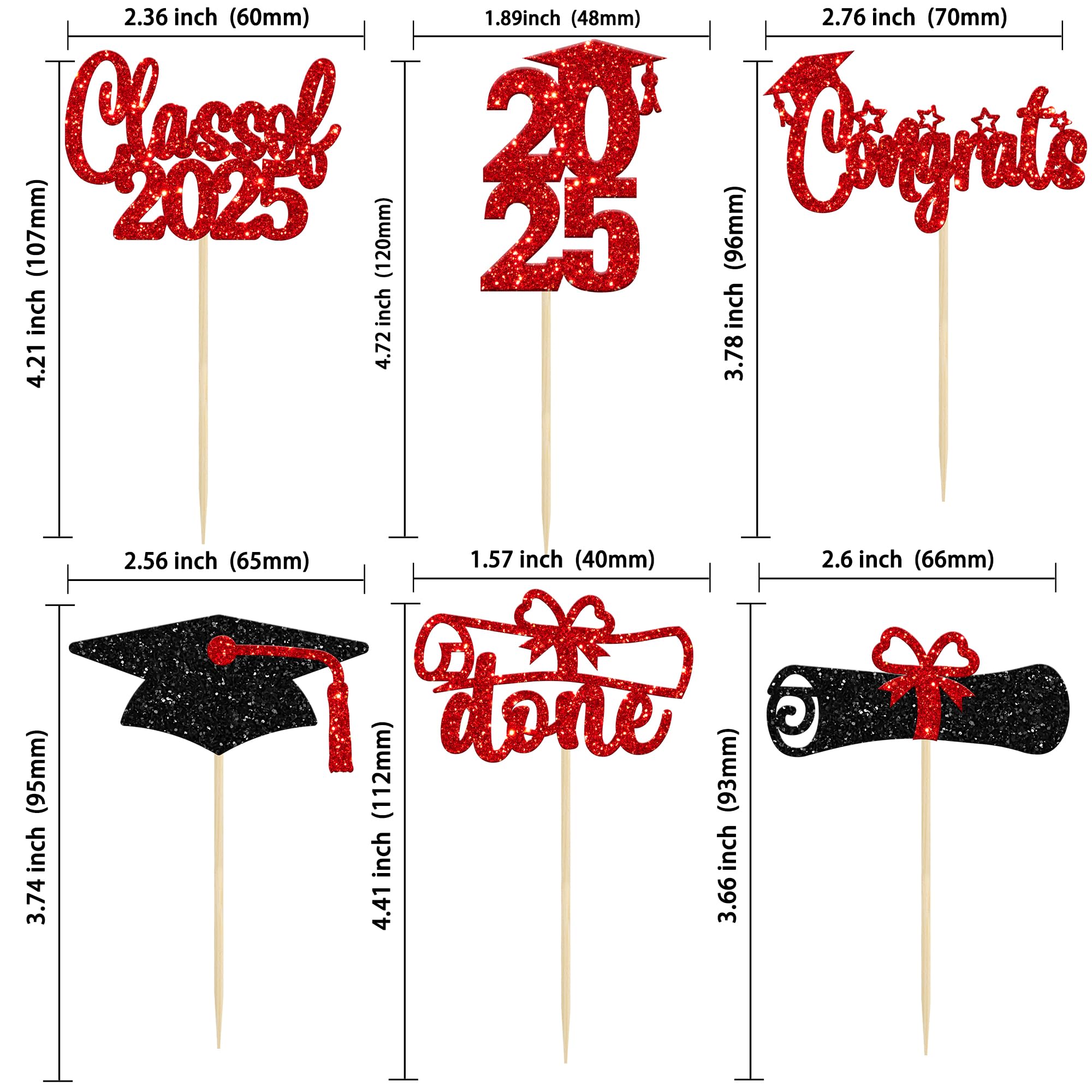 24 PCS 2025 Graduation Cupcake Toppers - Glitter Congrats Grad Cap & Diploma Cake Decorations - Red - Perfect for 2025 Graduation Party, School Celebration & Cake Decorating Supplies