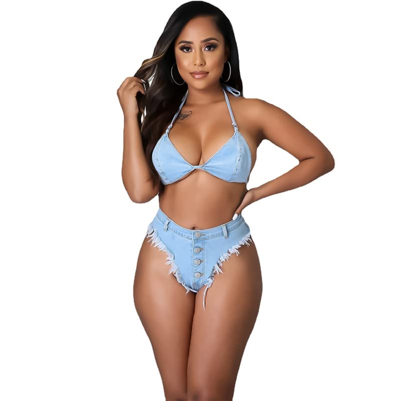 QueenLine Wholesale 10-Pack Women's Sexy Denim Bikini Set with Push Up Bra & Ripped Shorts - Halter Top Beach Swimwear for Summer Vacation, Pool Party, and Tropical Getaways