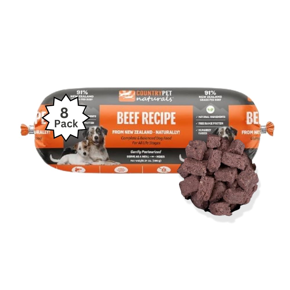 Premium New Zealand Grass-Fed Beef Raw Dog Food - Pasture-Raised, Free-Range, Gently Pasteurized - High Protein Natural Nutrition (8 Rolls) - Perfect for Sensitive Stomachs & Active Dogs