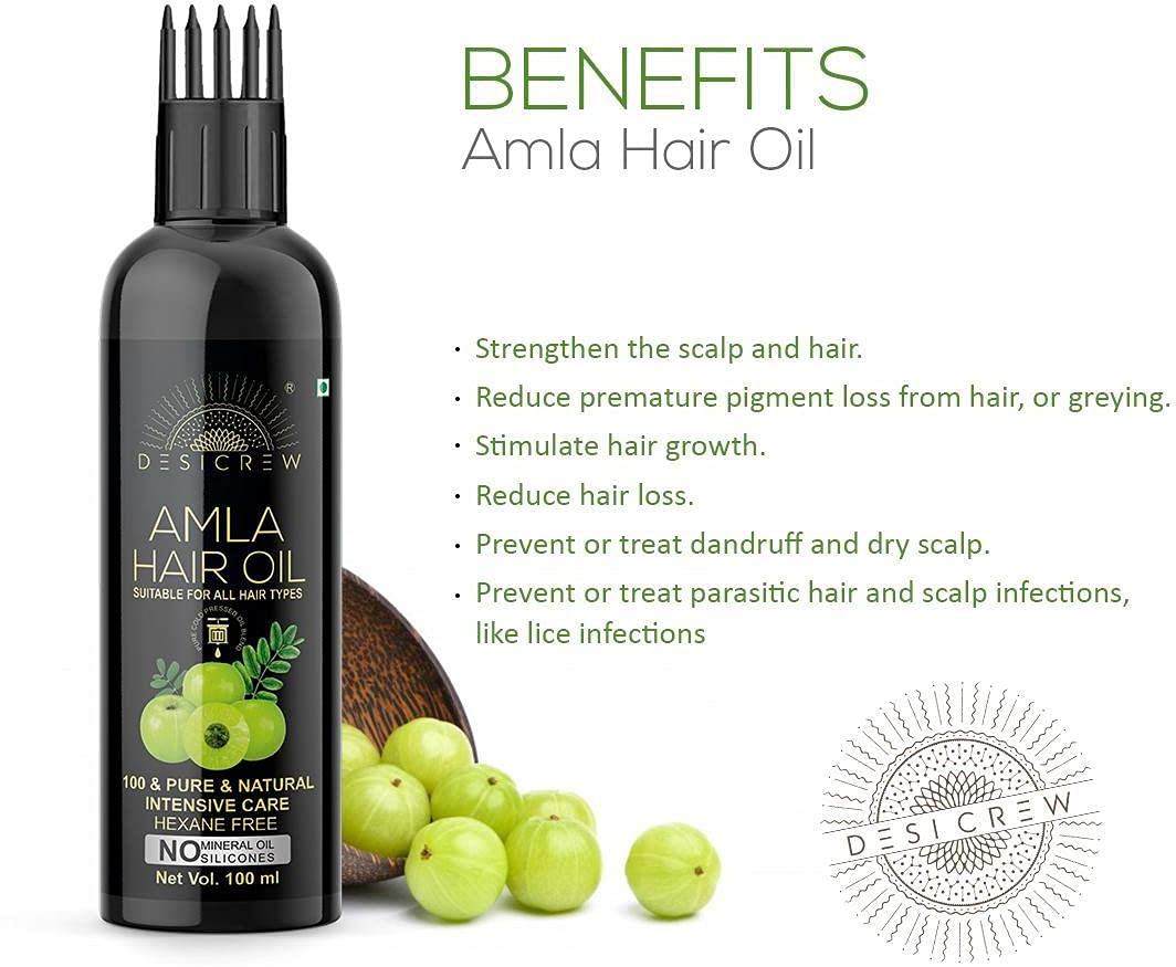 **Organic Amla Hair Oil with Comb Applicator - Cold Pressed for Healthy, Voluminous & Smooth Hair - 100mL - Promotes Hair Growth & Reduces Breakage - Perfect for Daily Hair Care & Scalp Massage**