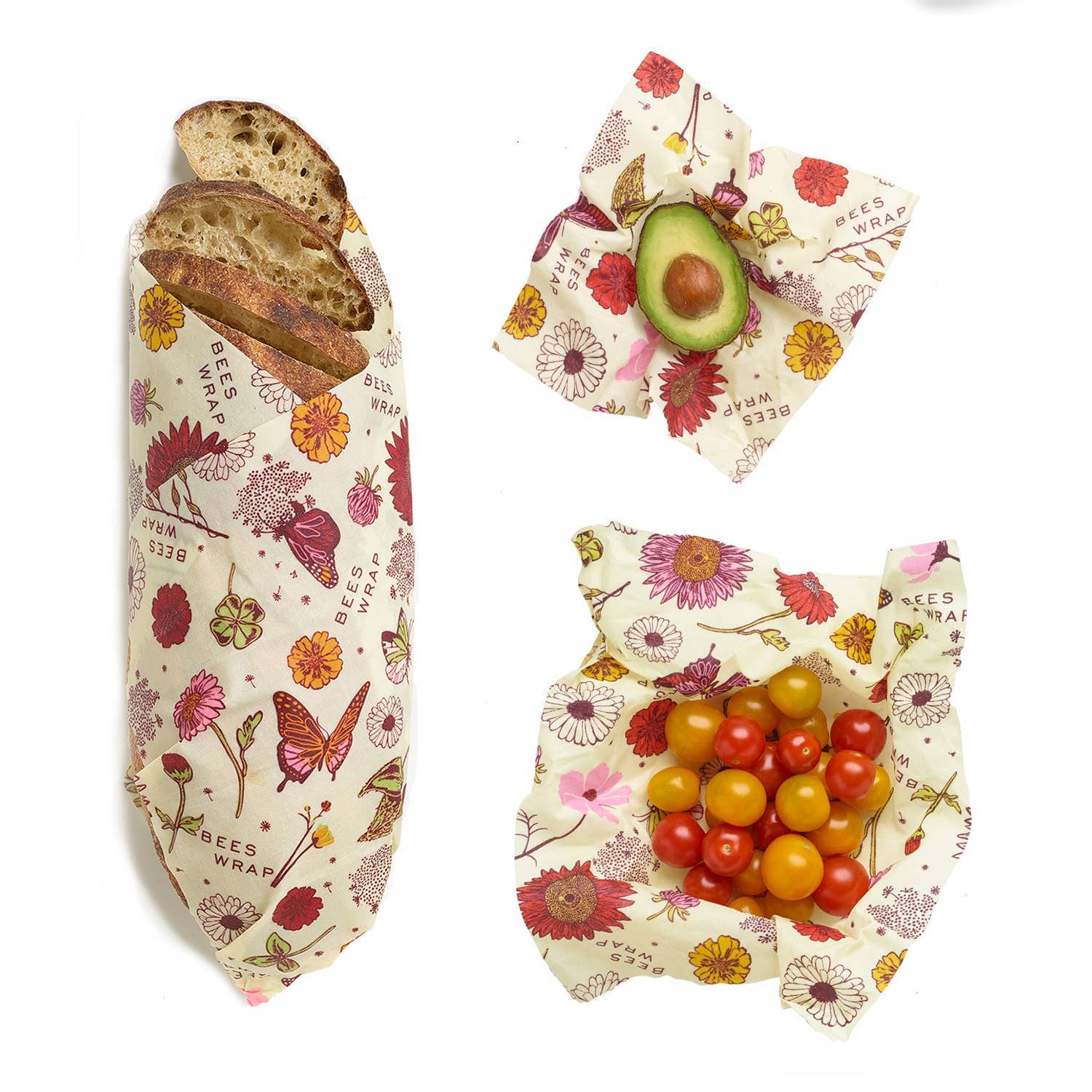 Bee's Wrap Meadow Magic Plant-Based Reusable Food Wraps - Assorted 3 Pack for Eco-Friendly Food Storage, Sandwich Wrapping & Fresh Produce Preservation