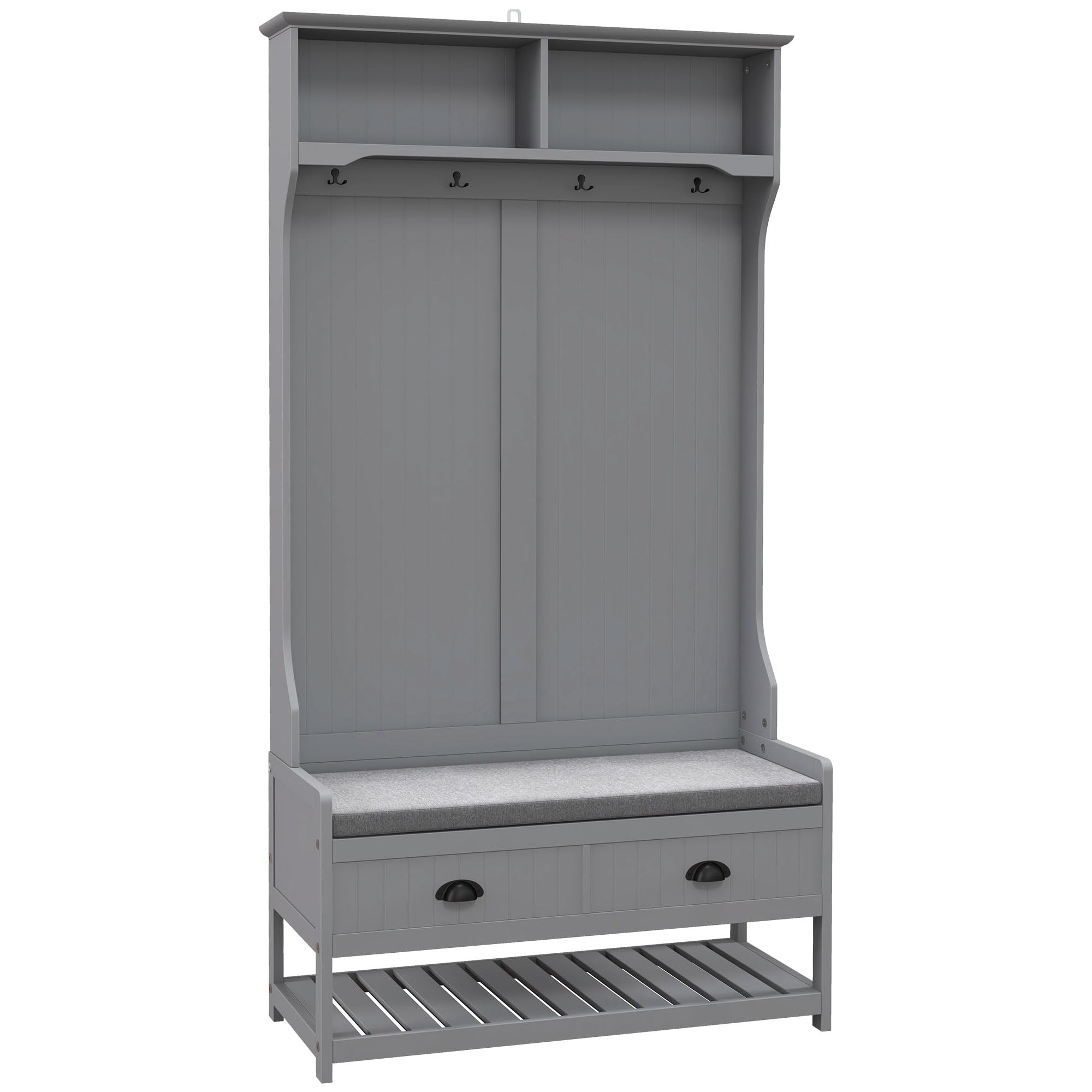 HOMCOM 3-in-1 Hall Tree Entryway Bench with Coat Rack & Shoe Storage | Mudroom Bench with 2 Drawers, 4 Hooks & Cushioned Seat | Perfect for Hallway, Entryway or Foyer Organization | Space-Saving Gray Furniture for Home & Apartment