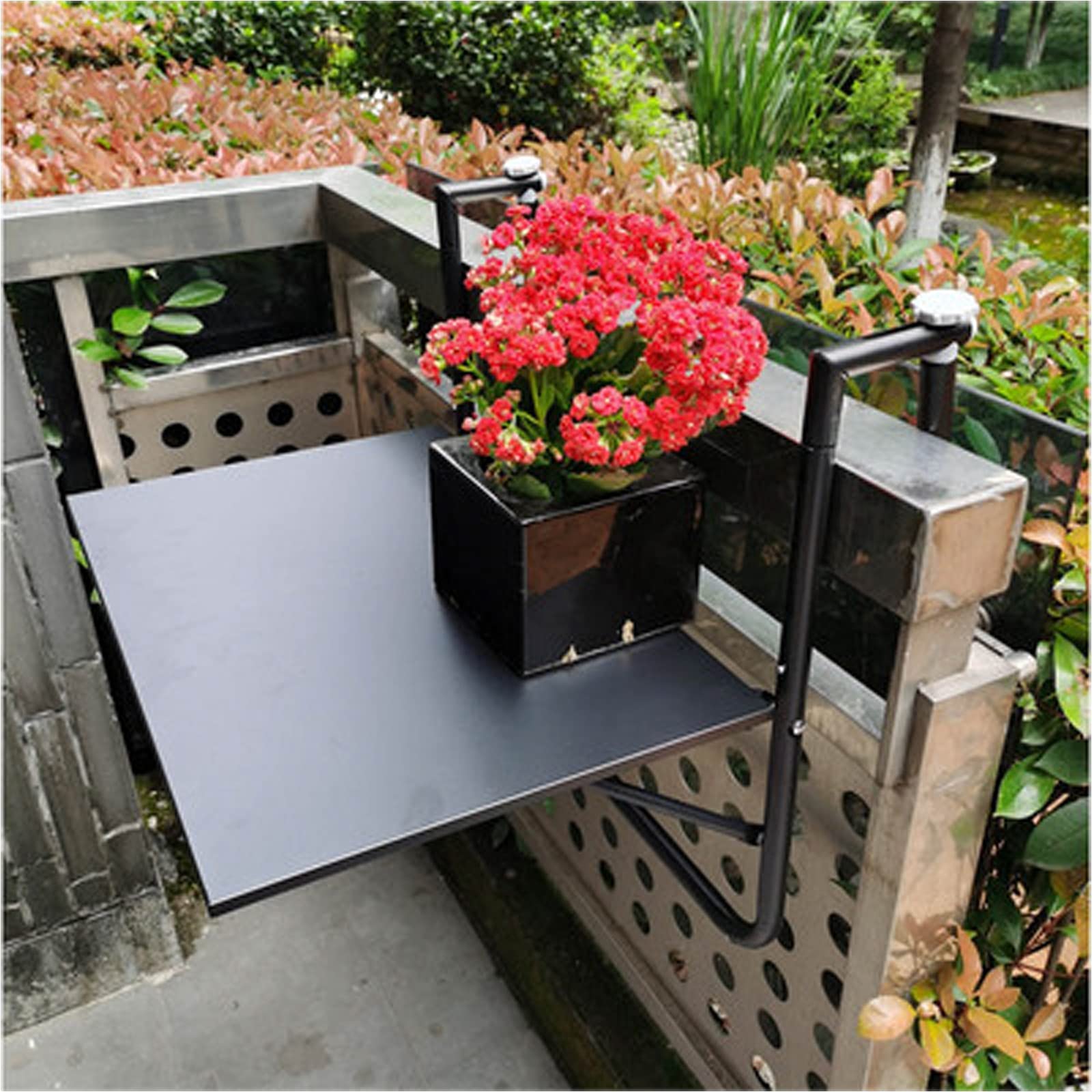 Foldable Balcony Hanging Table - Adjustable Railing Mounted Lift Table for Outdoor Dining & Small Space Living | Perfect for Apartments, Patios & Tiny Homes (Black)