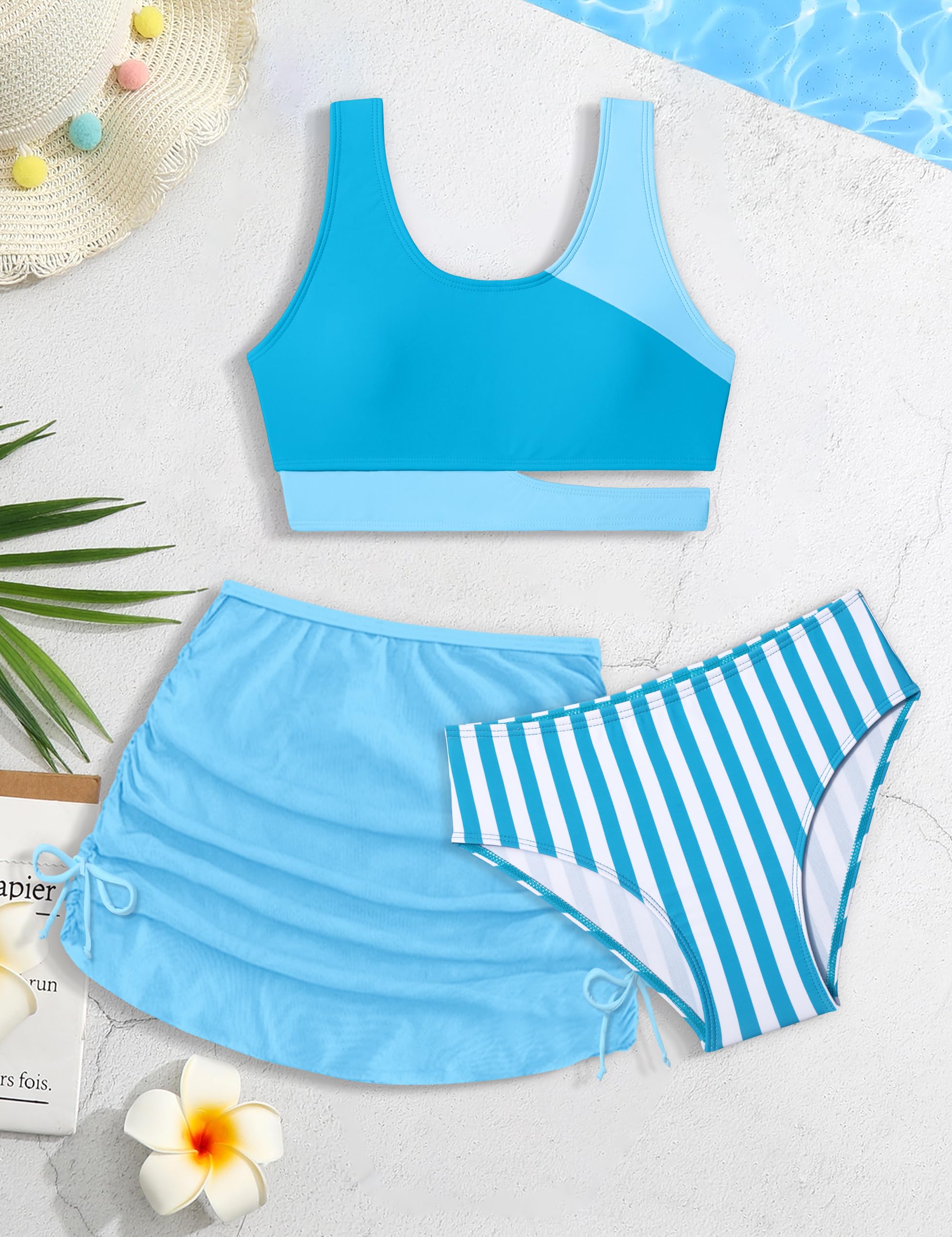 **Girls' 3-Piece Swimsuit Set - Striped Color Block Bikini with Sporty Swim Cover Up Skirt | Perfect for Beach, Pool & Summer Vacations**