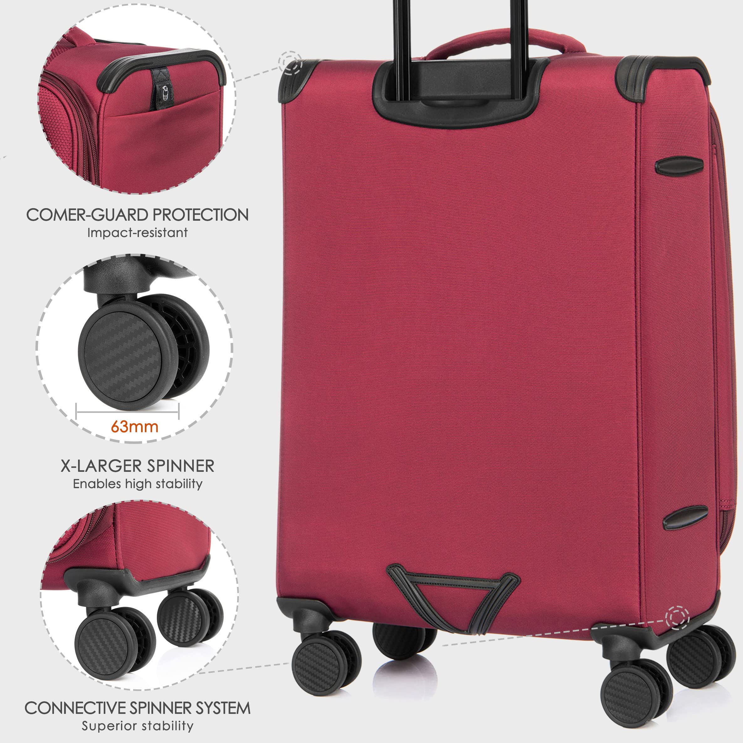 Vergae Toledo 20-Inch Expandable Softside Carry On Luggage with 360° Spinner Wheels - Burgundy Suitcase for Air Travel, Business Trips & Weekend Getaways