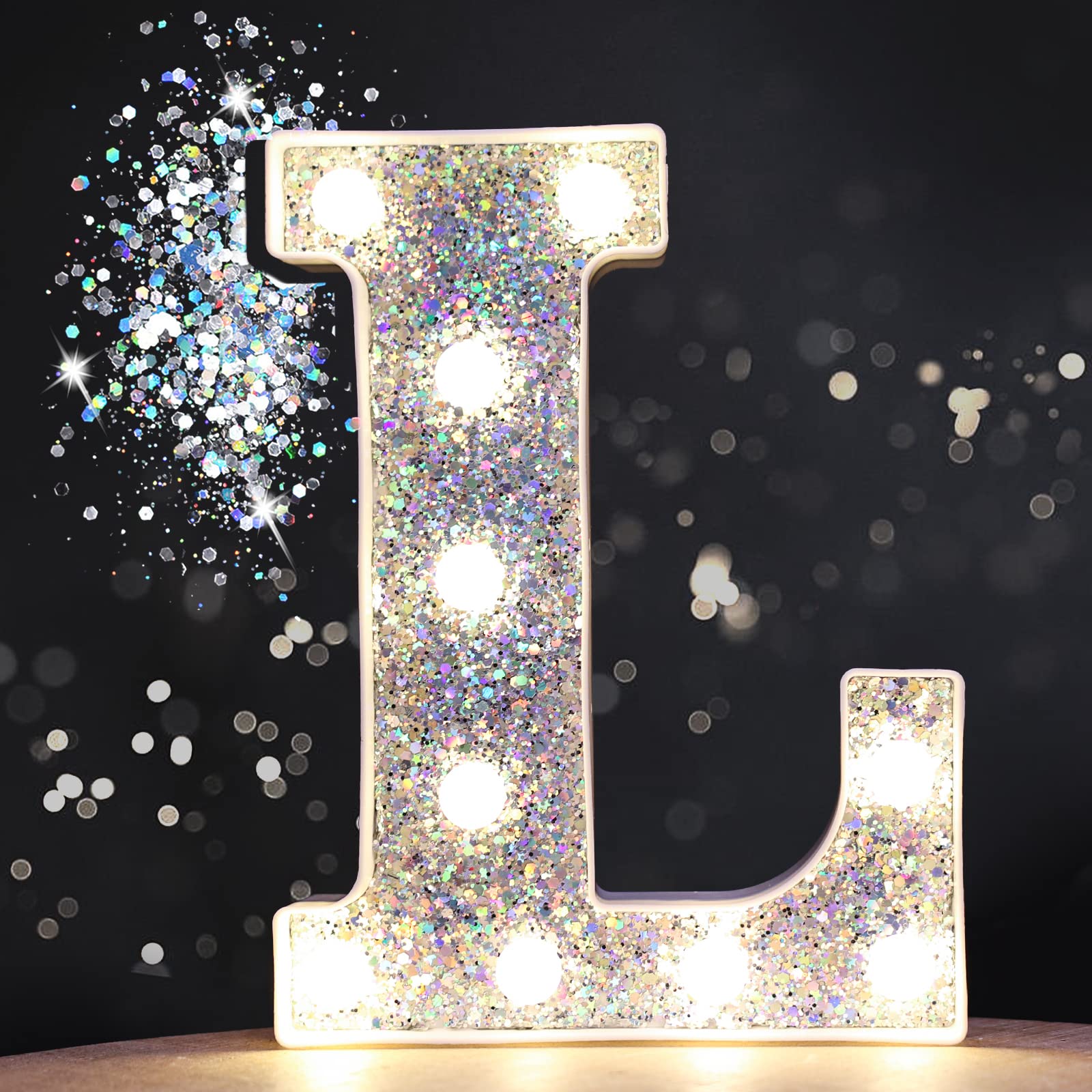 Pooqla LED Marquee Letter Lights - Silver Glitter Alphabet Signs with Battery Power for Night Light, Birthday Party, Wedding, Home Bar & Christmas Decor - Perfect for Girls Gifts & Room Decorations (Silver Letter L)