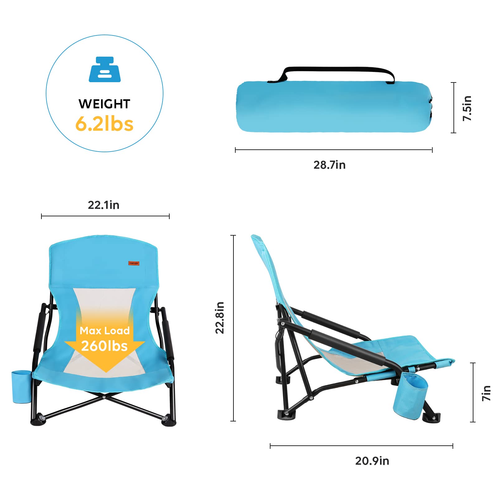 TOBTOS Low Beach Chair for Adults - 2 Pack Heavy Duty Folding Chairs with Cup Holder & Carry Bag - Portable Low Profile Outdoor Chairs for Beach, Camping, Concert, Travel, Picnics and Backyard Relaxation