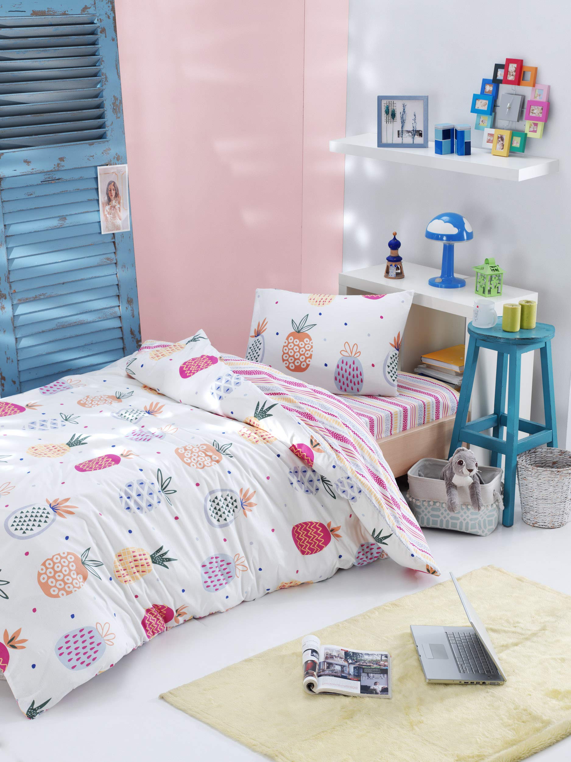 Pineapple Themed 100% Cotton Quilt Duvet Cover Set - Reversible Single/Twin Size Bedding with Comforter (3 Piece) - Perfect for Kids' Rooms, Beach Houses & Tropical Decor