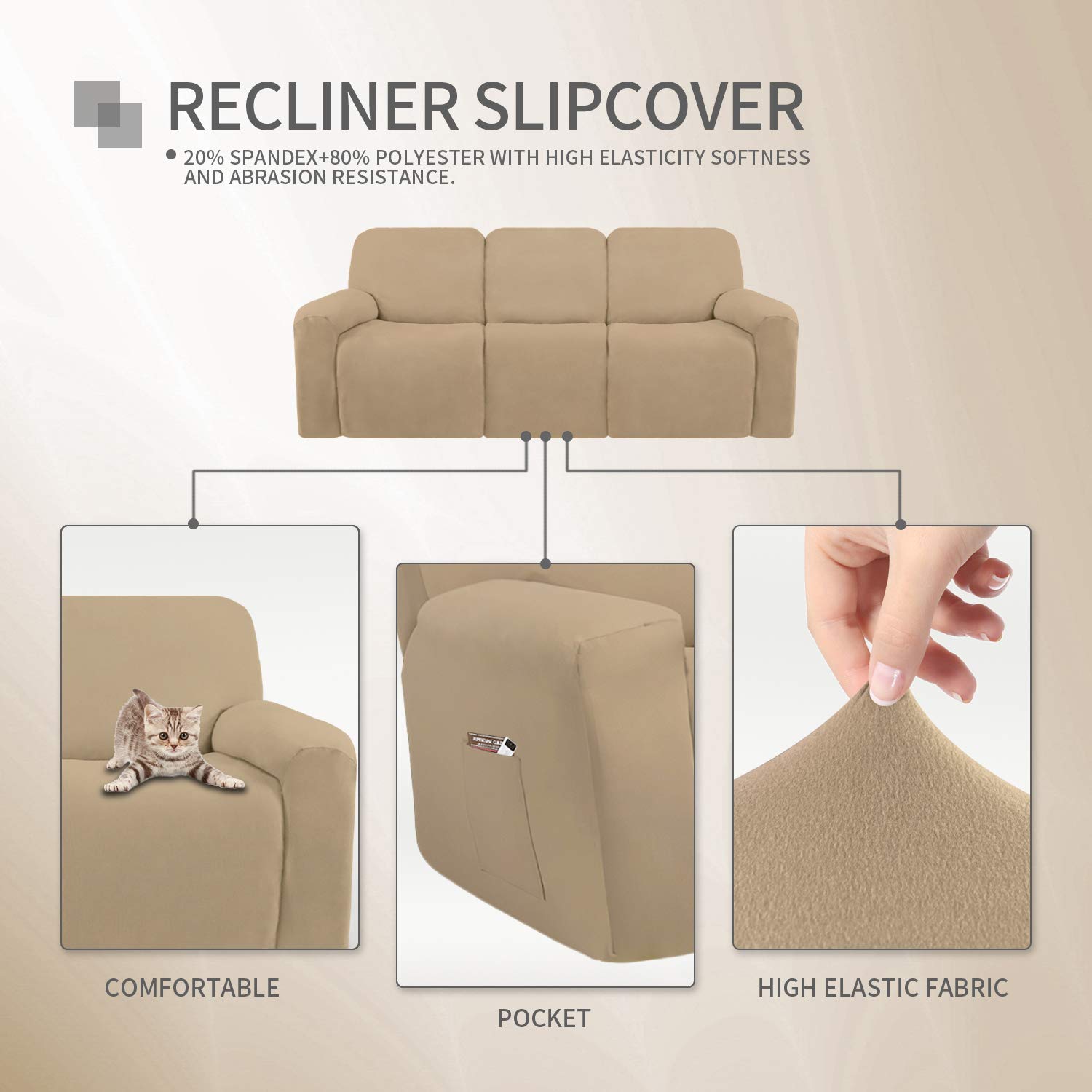 8-Piece Microfiber Stretch Sectional Recliner Sofa Slipcover - Soft Fitted Fleece 3-Seat Couch Cover - Washable Furniture Protector with Elastic Edges for Kids & Pets - Pale Yellow - Perfect for Living Room, Family Room & Home Theater Comfort