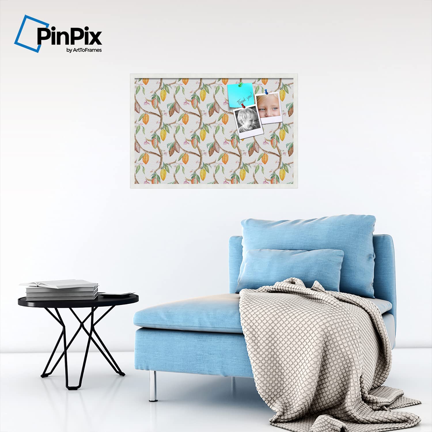 PinPix Custom Printed Cork Bulletin Board - 36x24 Inches (2x3 ft) Canvas with Fruit on Vine Design, White Framed in Satin - Perfect for Home Office, Kitchen, or Classroom Organization