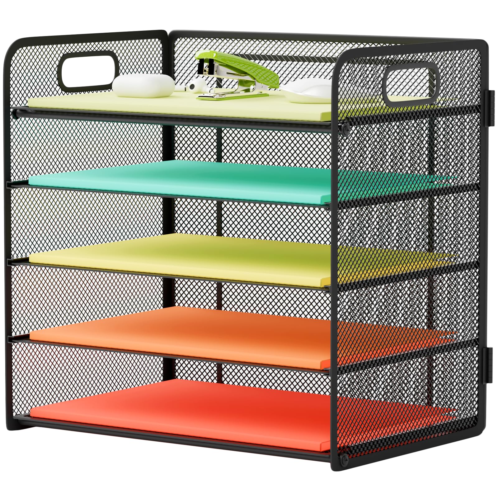 5-Tier Metal Mesh Letter Tray Organizer with Handle - Desktop File Sorter for Letter/A4 Paper Storage - Office Desk Organizer for Documents, Mail & Office Supplies (Black) - Perfect for Home Office, School & Workspace Organization