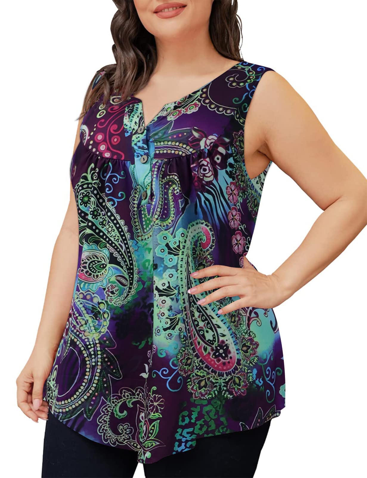 Zyyfly Women's Loose Fit Summer Tank Tops - Flowy Sleeveless Henley Tunic with Pleated Detail | Casual Wear, Beach Cover-Up & Vacation Outfit