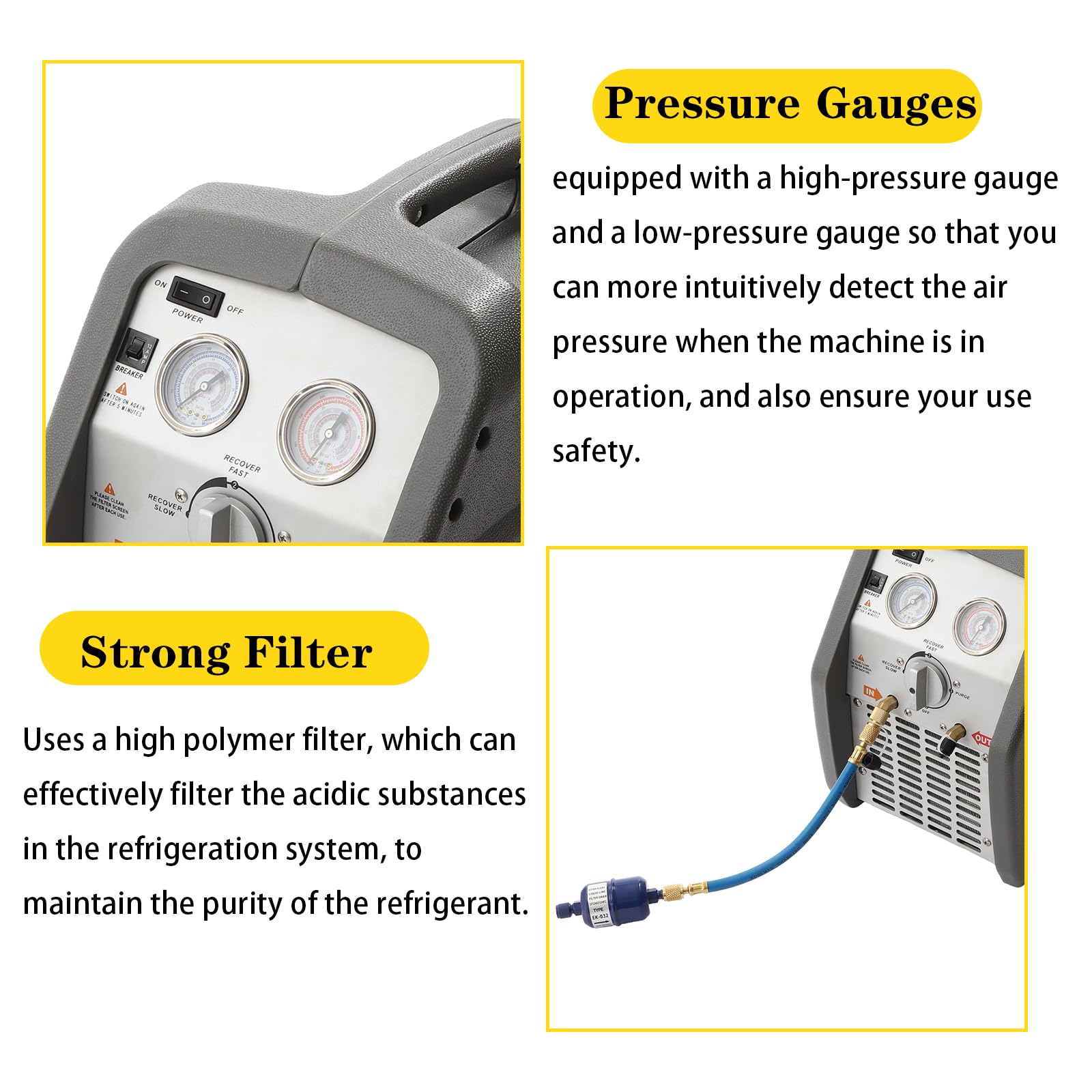 1/2 HP Portable Refrigerant Recovery Machine - 110V 60Hz HVAC AC Recovery Unit for Liquid & Vapor Refrigerant, 558psi High-Pressure Protection, Double Cylinder Design (Grey) - Ideal for HVAC Technicians, AC Repair, and Refrigerant Recycling