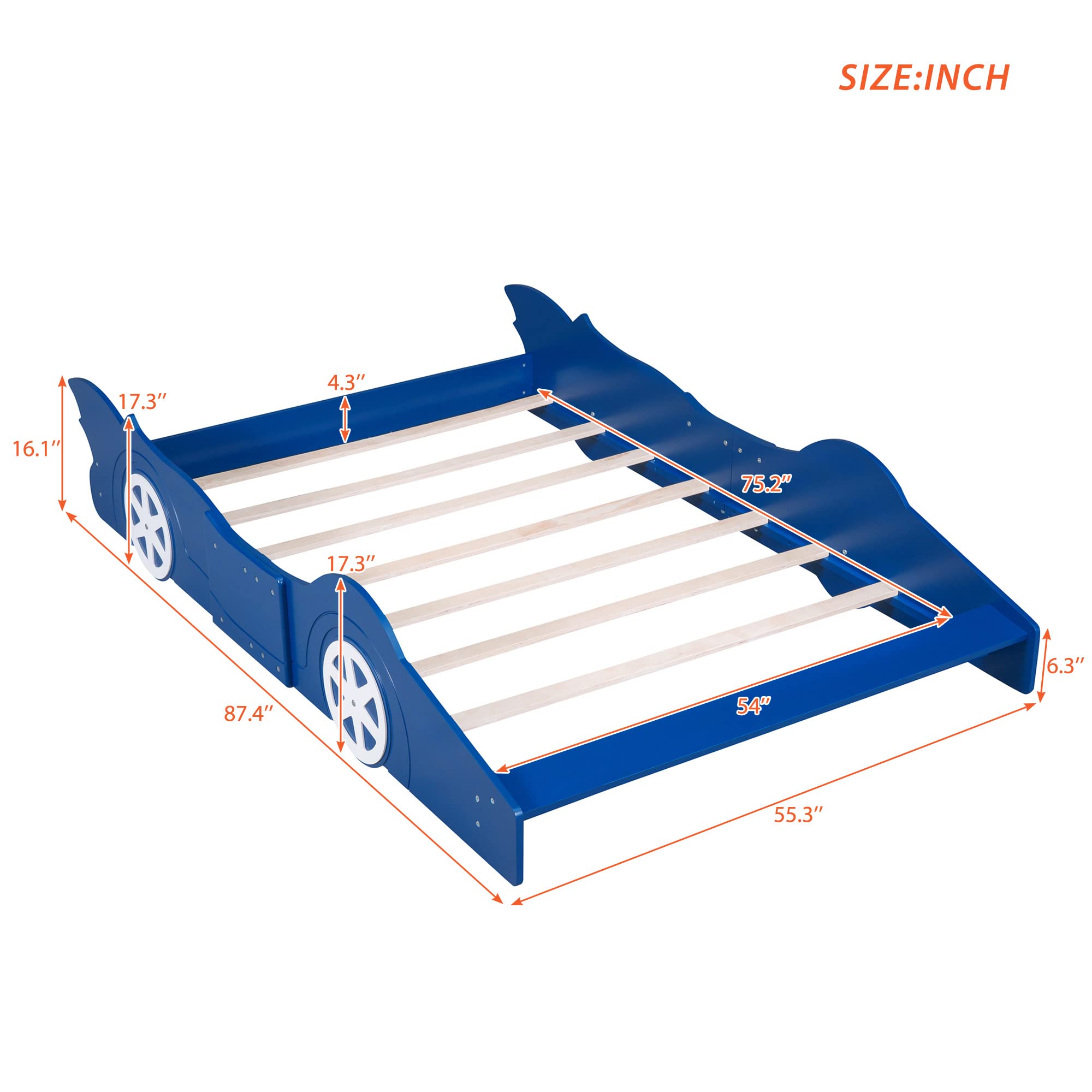 Full Size Race Car Bed for Boys - Wooden Car-Shaped Bed Frame with Wheels & Slat Support - Blue Kids Bedroom Furniture for Playrooms & Sleepovers