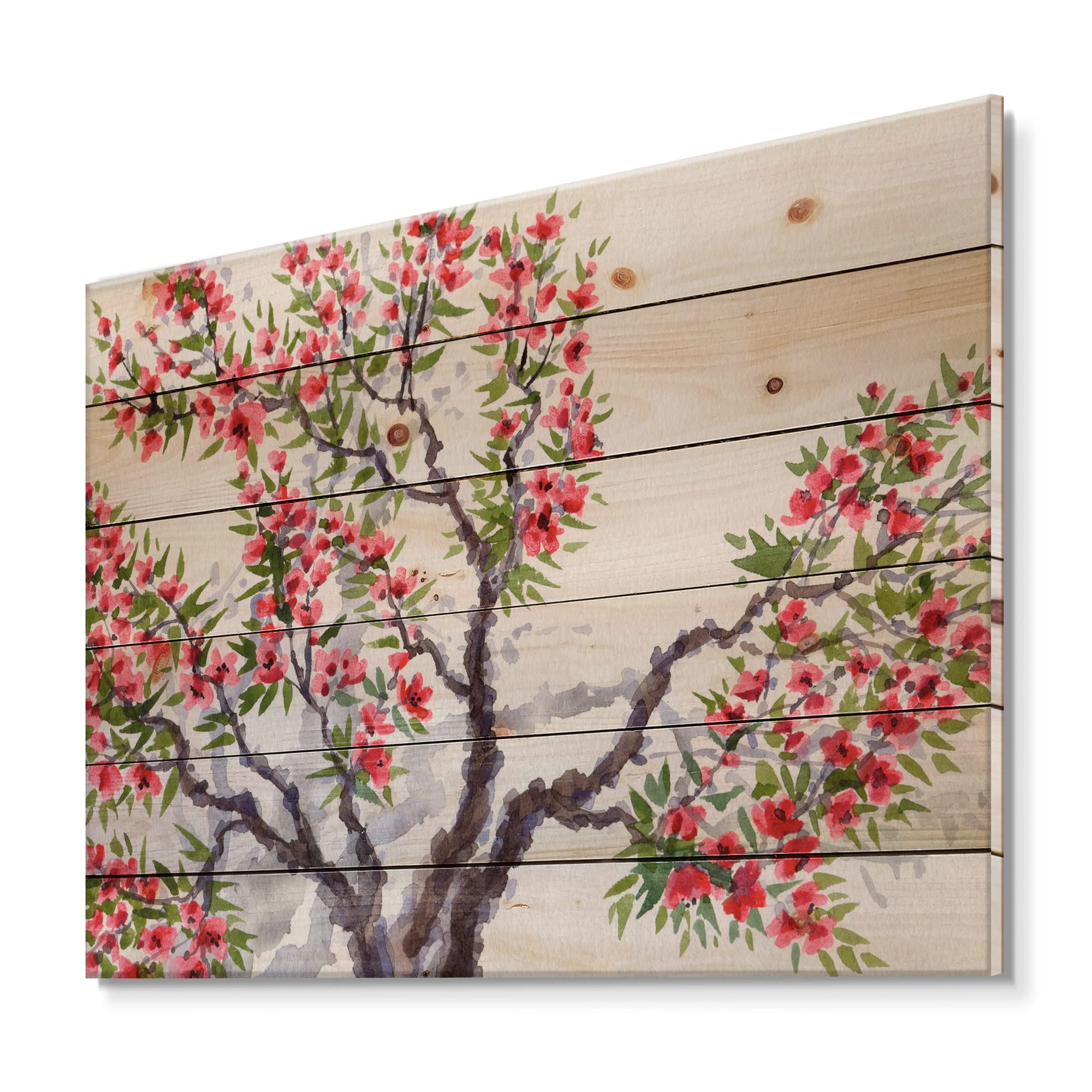 DesignQ Traditional Red Blossoming Tree Floral Wood Wall Art - Large Pine Wood Wall Decor Panel for Living Room, Bedroom & Office