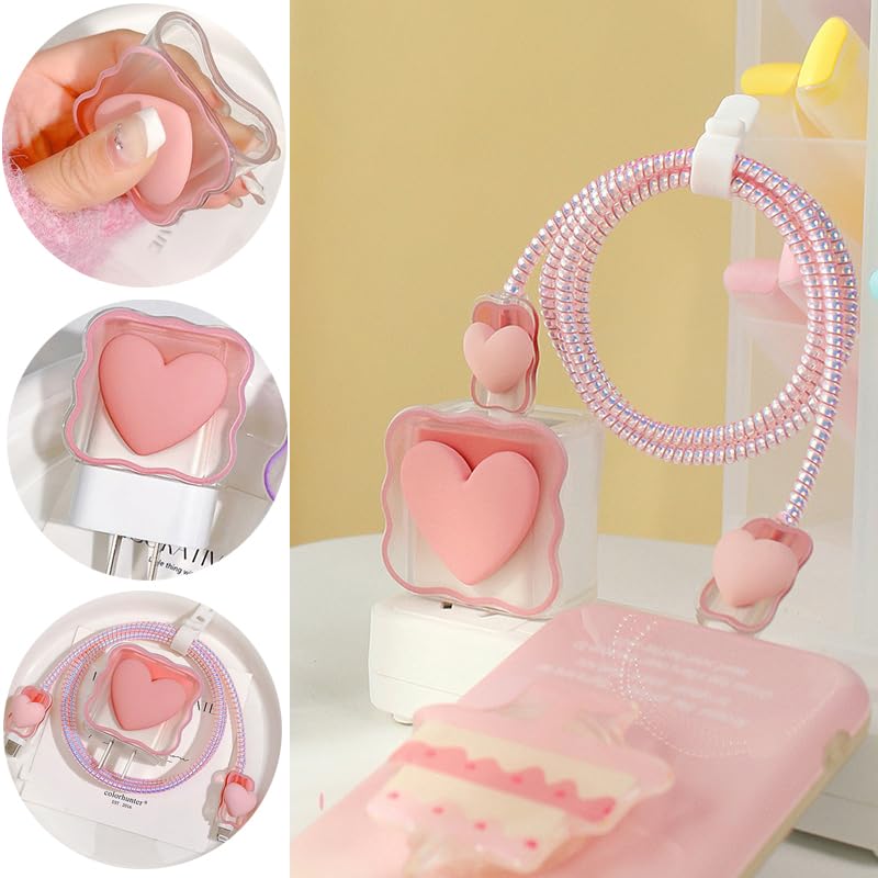 5-in-1 DIY Cable Protector & Wire Saver - 18W/20W USB-C Charger Case Cord Organizer Compatible with iPhone 11/12/13/14/15 Pro Max (Pink Love) - Perfect for Home, Office & Travel Charging Protection