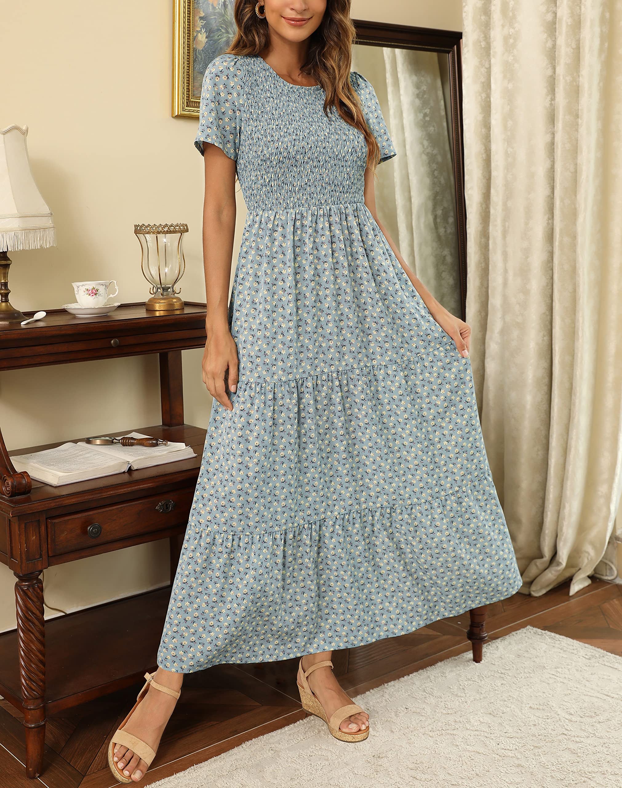 Maggeer Women's 2025 Spring Summer Floral Boho Maxi Dress - Smocked Waist Wedding Guest Dress with Short Sleeves, Casual Flowy Long Dress for Beach Vacation, Garden Party & Special Occasions