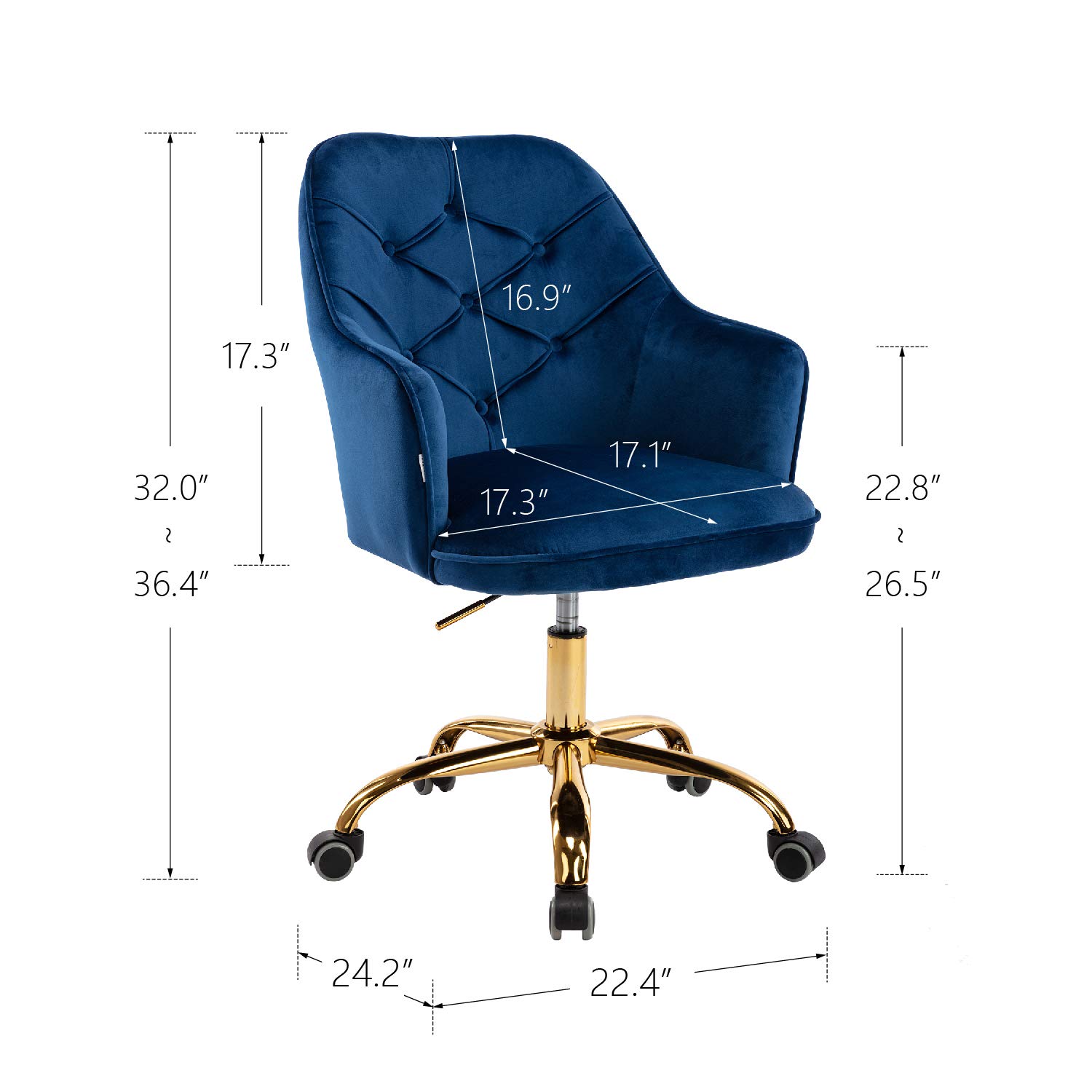 Luxury HomVent Velvet Office Chair with Tufted Back - Adjustable Swivel Desk Chair with Golden Metal Base for Home Office, Bedroom & Living Room | Perfect for Work, Study & Relaxation