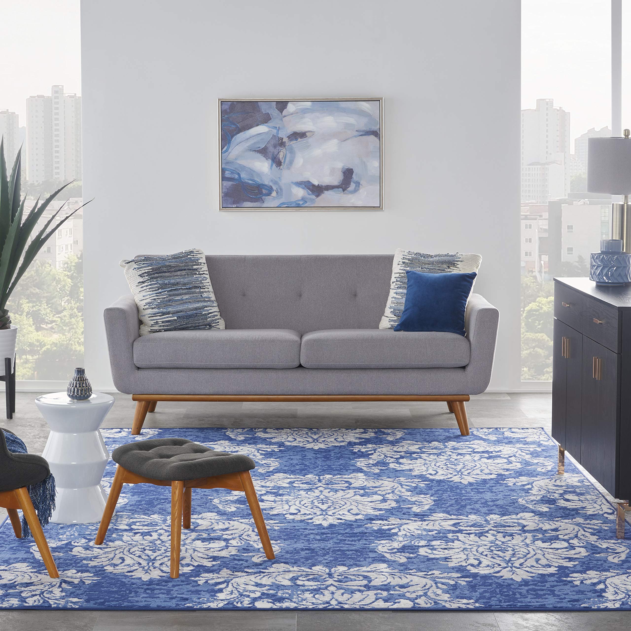 Nourison Whimsicle Damask Navy Ivory 8' x 10' Area Rug - Easy to Clean, Non-Shedding, Stain Resistant for Bedroom, Living Room, Dining Room & Kitchen - Soft & Durable Home Decor (8x10) | Perfect for Cozy Spaces, Family Gatherings & High-Traffic Areas