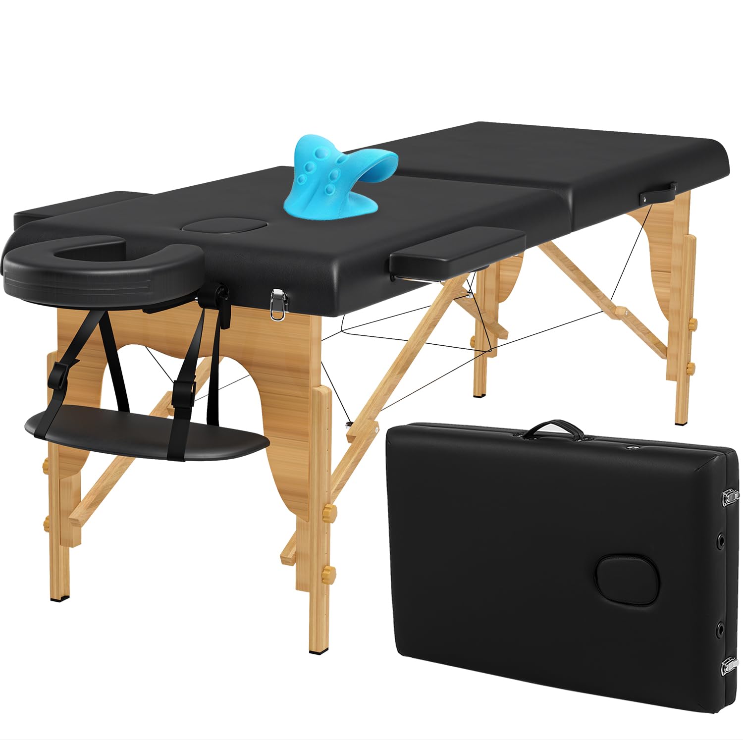 Portable Massage Table with Neck Stretcher - 84 Inch Foldable Adjustable Massage Bed for Facial, Tattoo & Lash Extensions - Sturdy Wood Frame Beauty Table for Professionals (Black) - Perfect for Spa, Salon & Home Use