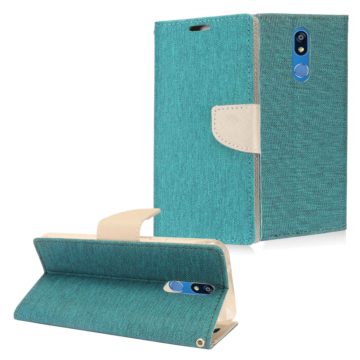 Z-GEN Denim Fabric Flip Wallet Phone Case for LG K40, Harmony 3, Xpression Plus 2 (2019) LM-X420 & LG Solo LTE L423DL - Stylish Protective Cover with Card Slots (Gray/Navy Blue) - Perfect for Everyday Use, Business & Travel