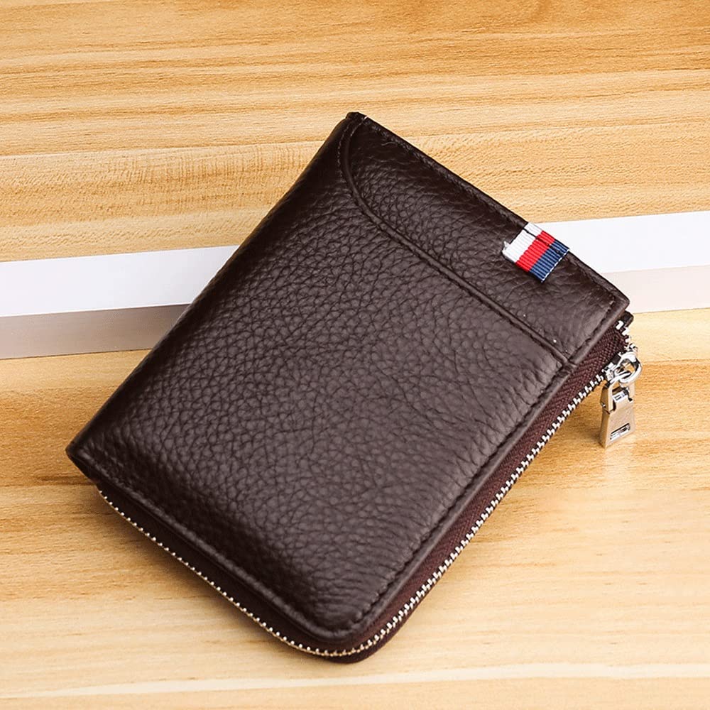 Genuine Leather RFID Blocking Men's Wallet with Zipper - Cowhide Bifold Wallet with Coin Pocket (12 x 9.5 x 2cm, Brown) - Perfect for Everyday Use, Travel & Business
