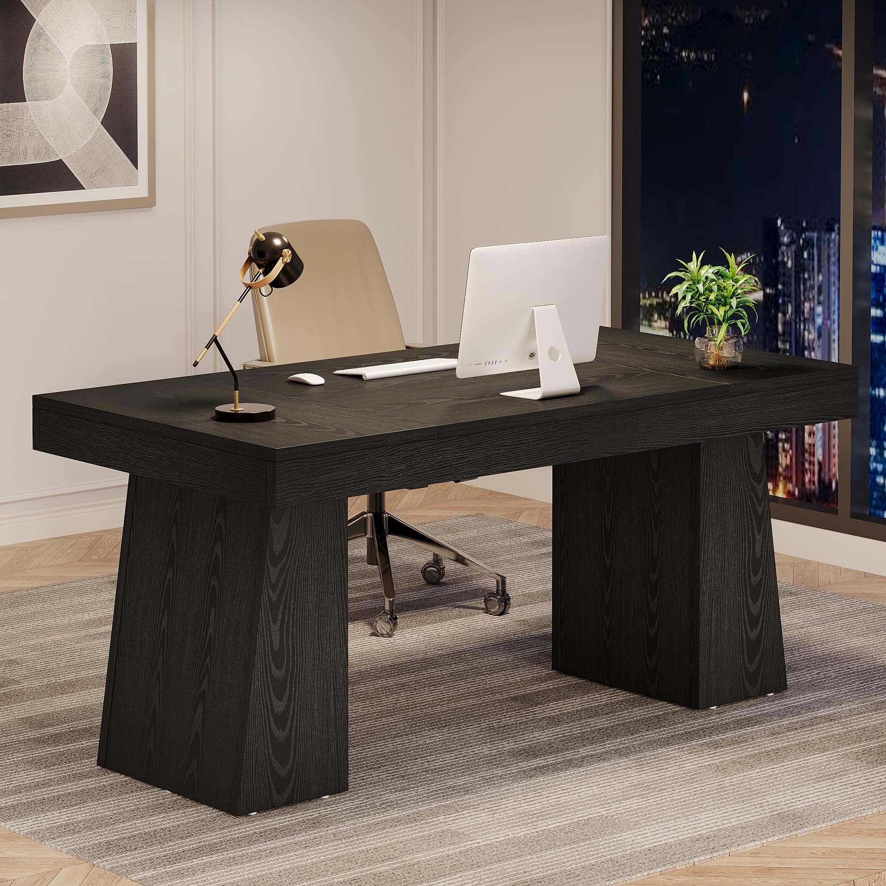 Tribesigns 55 Inch Modern Executive Desk - Mid Century Style Home Office Desk with Sturdy Double Trapezoid Base, Wooden Computer Desk for Business & Conference Room (Black) | Perfect for Small Office Spaces & Remote Workstations