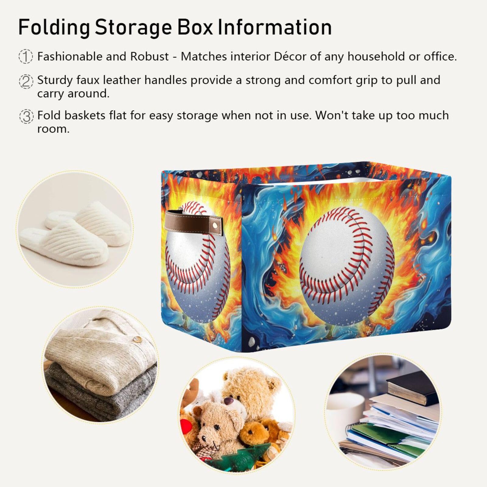 2-Pack Large Foldable Storage Baskets - Collapsible Organizer Bin Cube for Home, Office, Closet & Toy Organization | Baseball on Fire Design | Space-Saving Storage Solution
