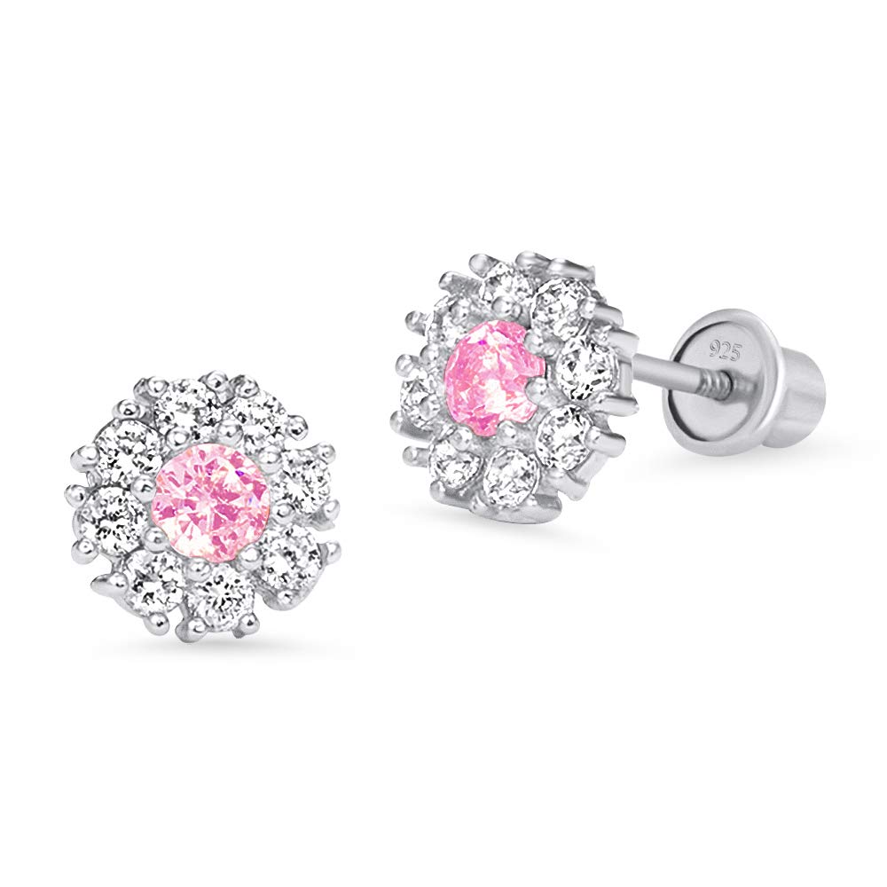 925 Sterling Silver Rhodium Plated Pink Flower Cubic Zirconia Screwback Earrings for Baby Girls | Hypoallergenic Kids Jewelry Gift | Birthday, Baptism & Special Occasion Accessories