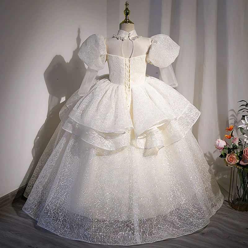 White Princess Jewel Neck Floor-Length Organza Flower Girl Dress for Weddings & Special Occasions