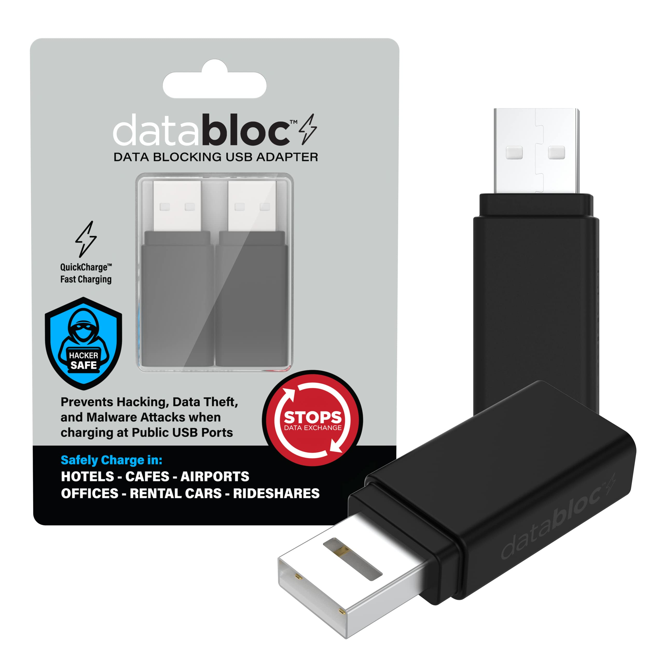 Databloc USB Data Blocker - 2 Pack Charge Only Adapter for Smartphones & Tablets | Blocks Data Transfer & Stops Syncing | Quick Charge Compatible | Perfect for Public Charging Stations, Travel & Privacy Protection (Black)
