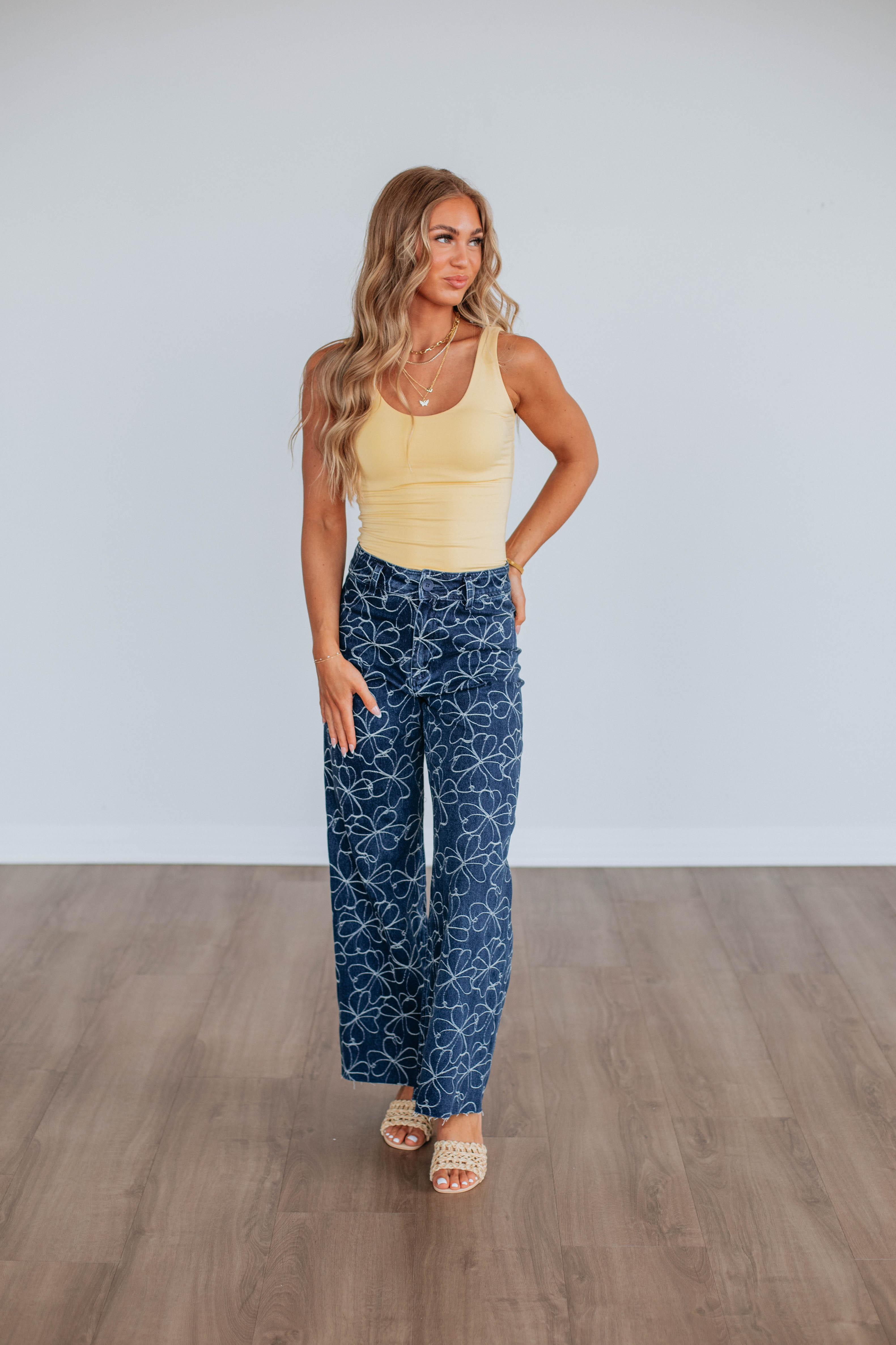 Alysia Floral Denim Pants for Women - High Waisted Stretch Jeans with Embroidery Details - Perfect for Spring Outfits, Casual Wear & Boho Fashion