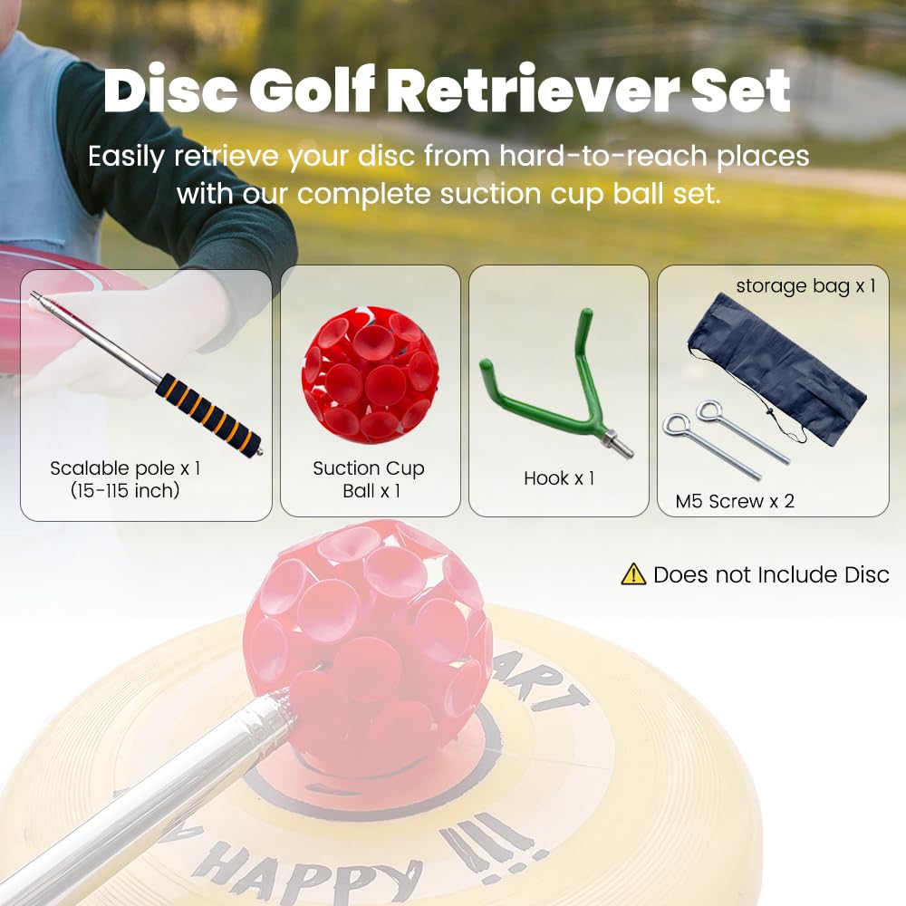 10Ft Extendable Disc Golf Retriever Pole with Hook & Suction Cup - Waterproof Disc Golf Accessory for Retrieving Discs in Lakes, Trees & Bushes - Includes Drawstring Bag - Perfect for Outdoor Disc Golf Tournaments & Practice Sessions