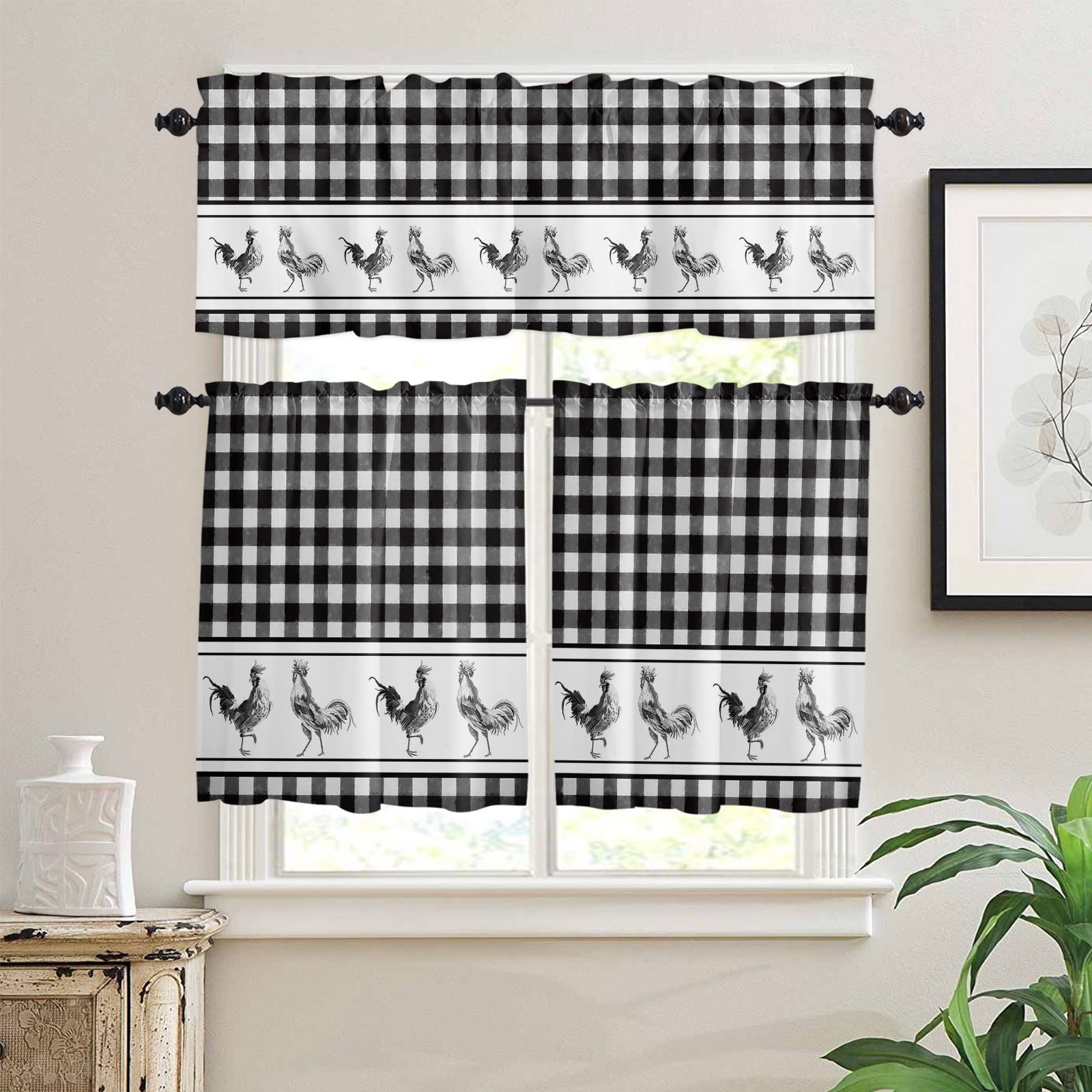 3-Piece Black Buffalo Plaid Kitchen Curtain Valance & Tier Set with Rod Pocket - Vintage Farm Rooster Lattice Light Filtering Drapes for Bathroom, Living Room & Country Kitchen Decor