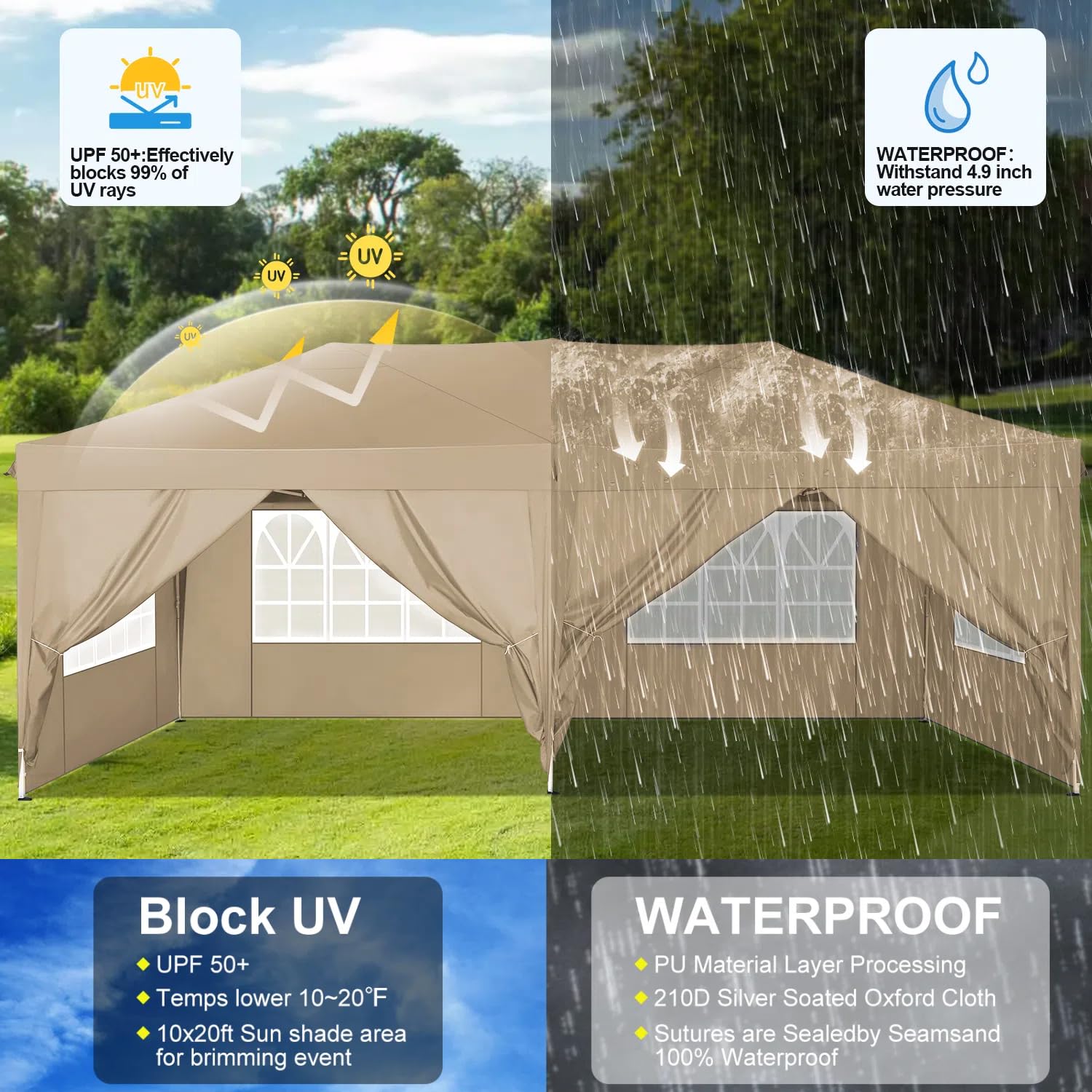 COBIZI 10x20 Pop Up Canopy Tent with 6 Sidewalls - Waterproof Instant Shelter, UPF 50+ Sun Protection, Portable Gazebo for Outdoor Events, Beach Camping, Weddings & Commercial Use - Easy Setup Khaki Canopy