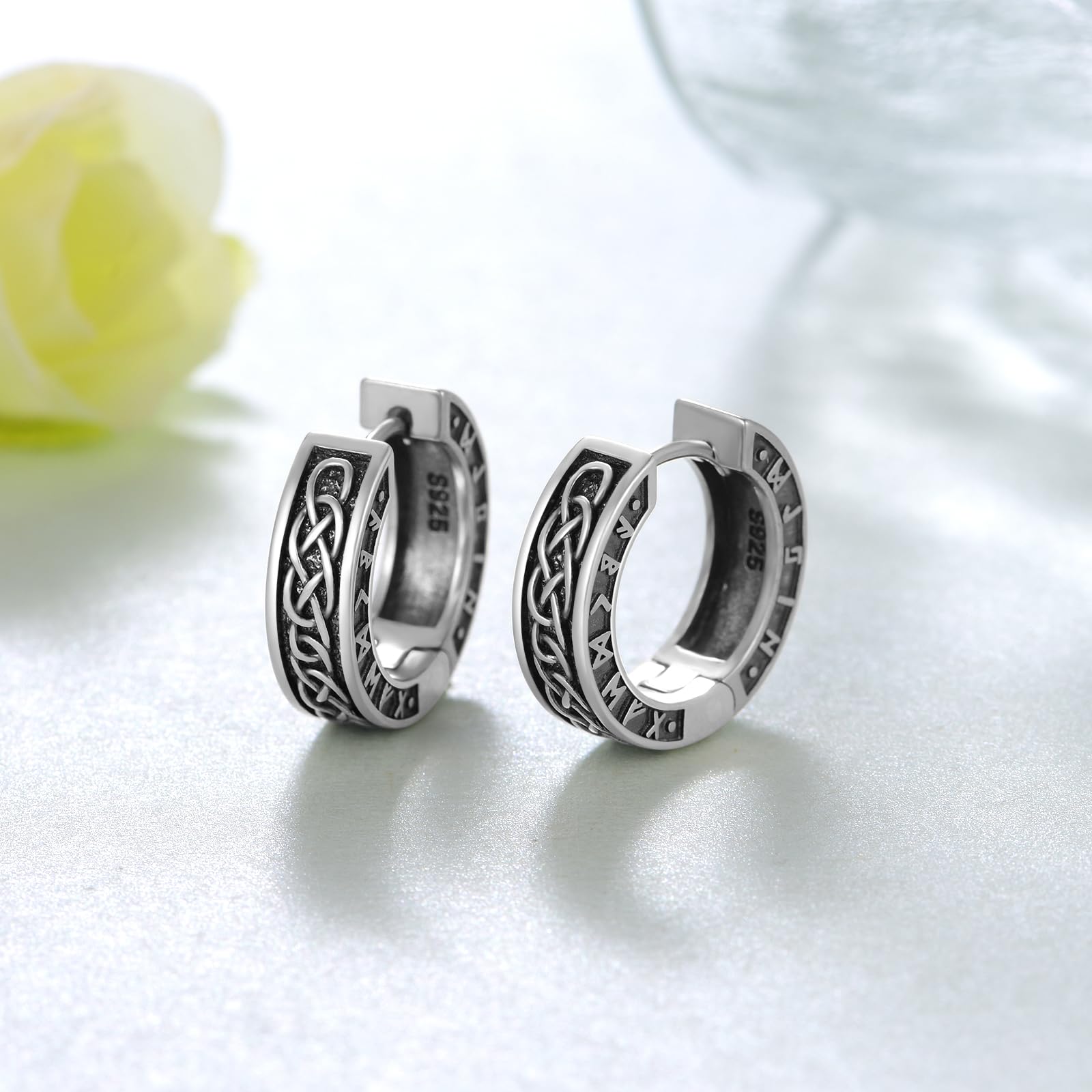 Viking 925 Sterling Silver Black Hoop Earrings for Men & Women - Norse Jewelry Gift for Birthday, Anniversary & Viking Lovers - Perfect for Cosplay, Historical Reenactment & Everyday Wear