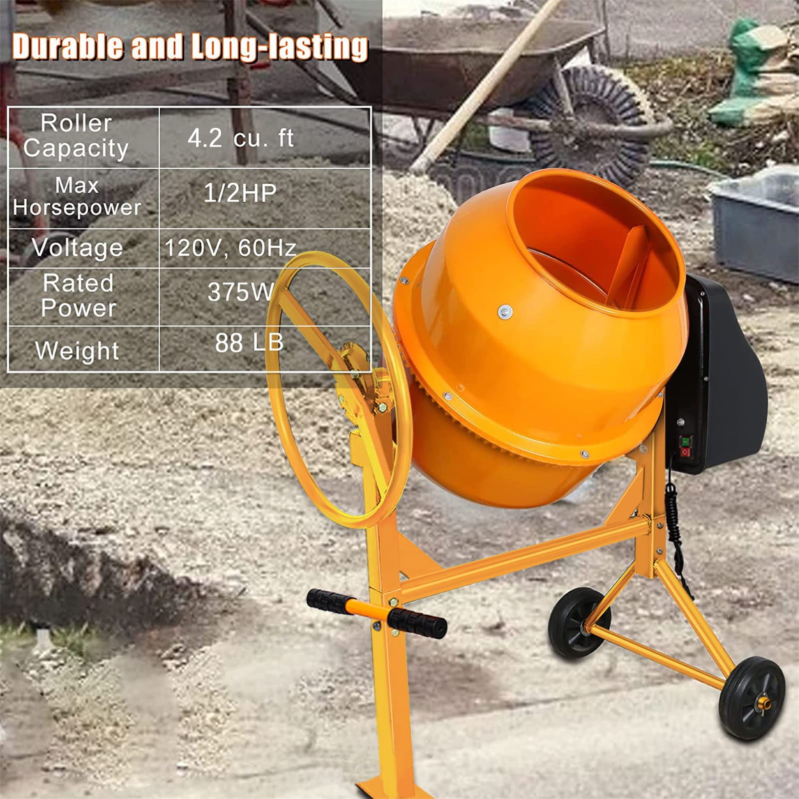 4.2 Cu Ft Electric Cement Mixer | 1/2 HP Portable Concrete Mixer Machine | 120L Wheelbarrow Mixing Tools for Stucco Mortar (Steel-2) | Ideal for DIY Projects, Construction Sites & Home Renovations